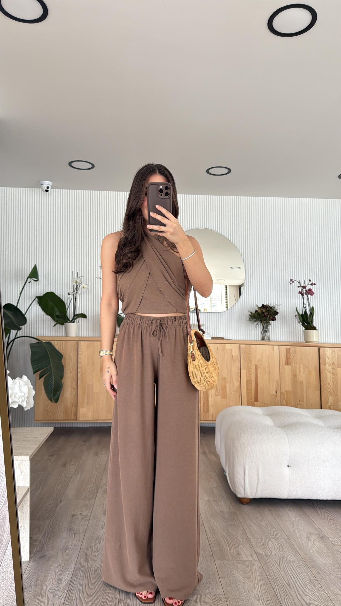 Kahve Kruvaze Boyundan Bağlamalı Bluz Takım 