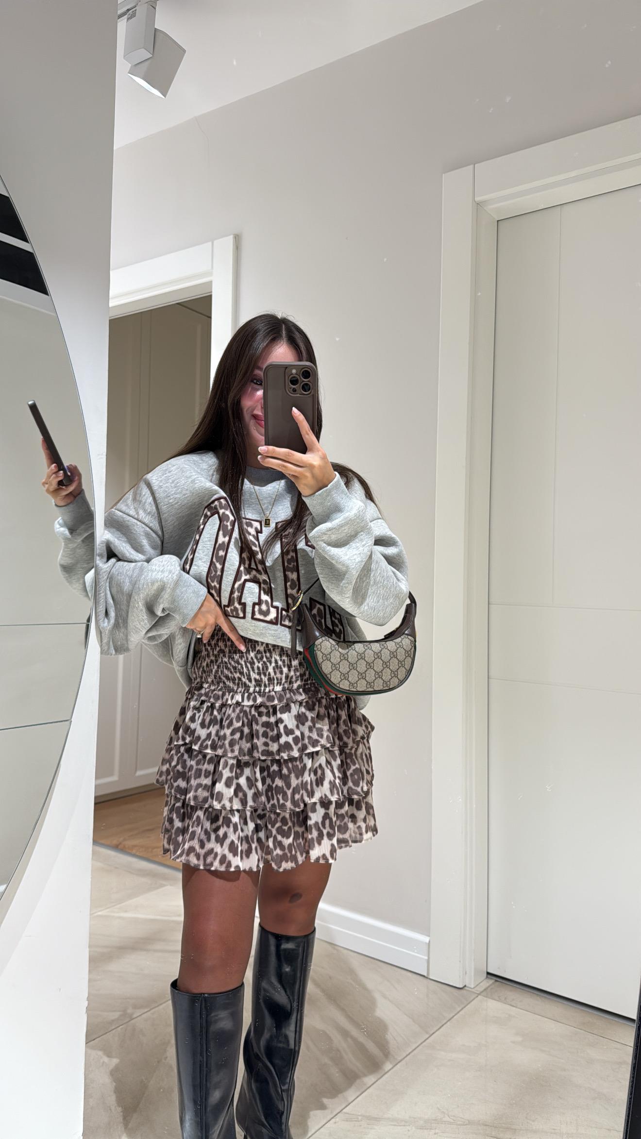 Kahve Leopar Desen Şifon Etek