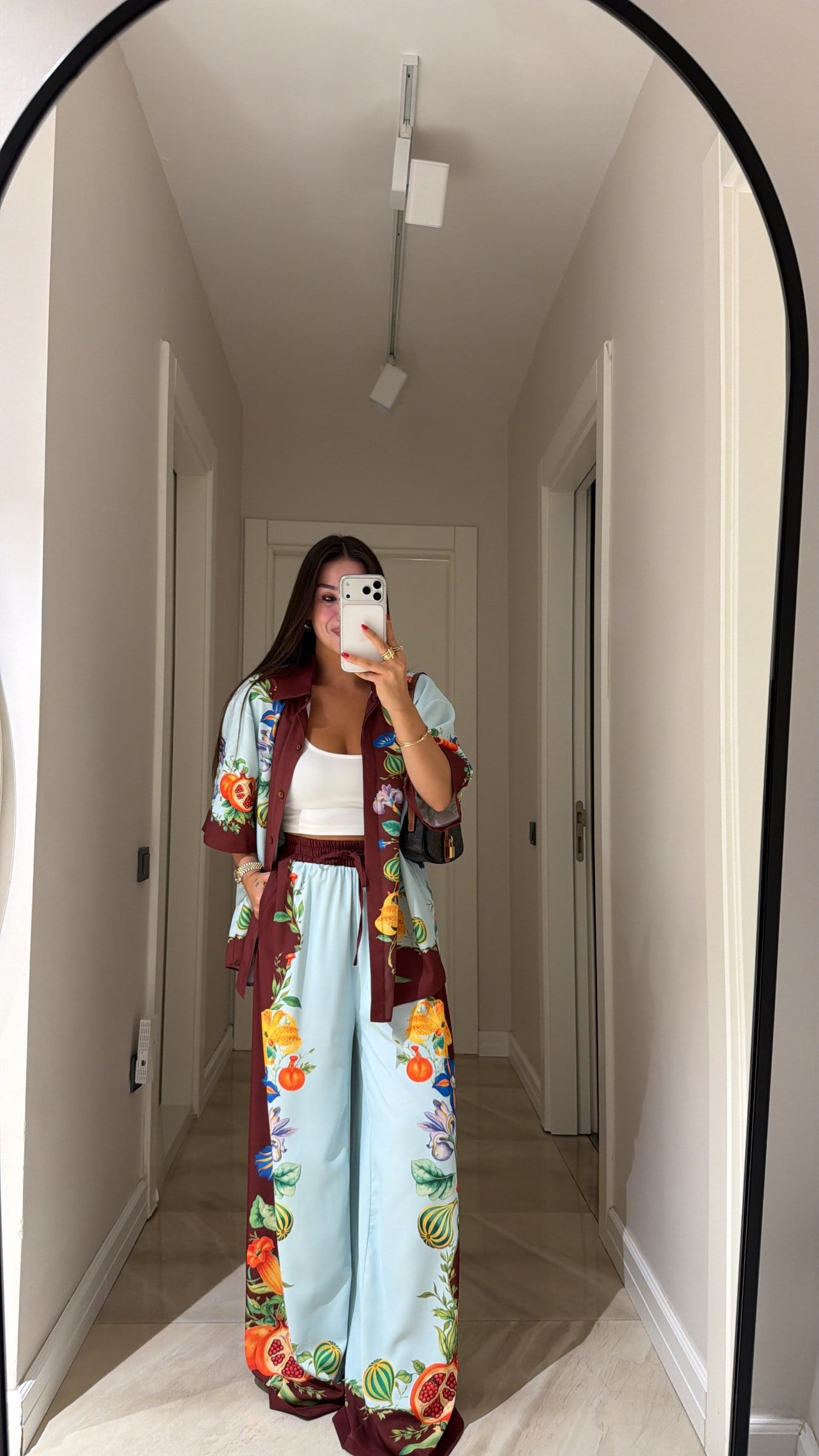 Kahve Mavi Çiçek Baskılı Kısa Kol Pantolon Takım