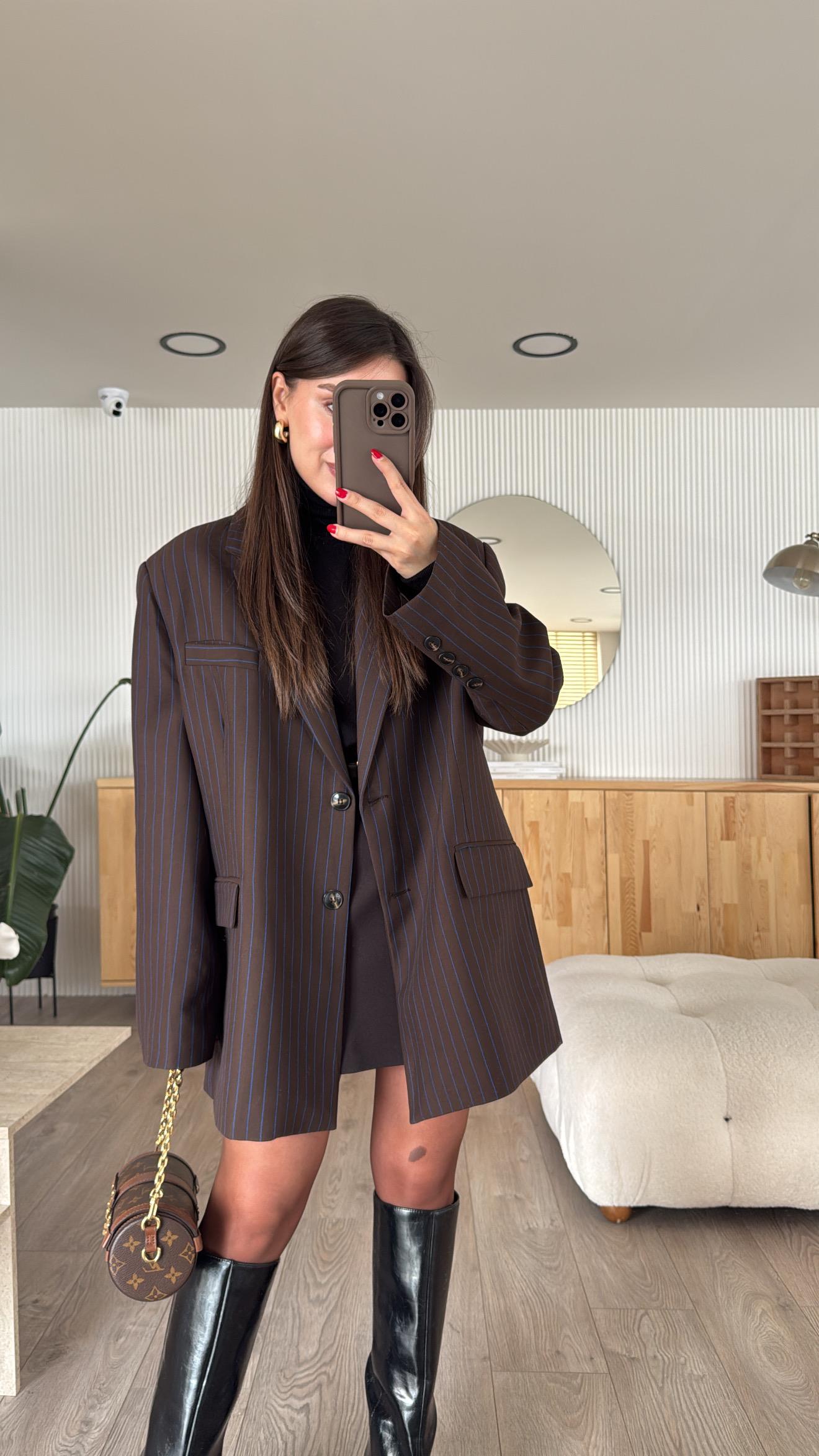 Kahve Mavi Dik Çizgili Oversize Blazer Ceket