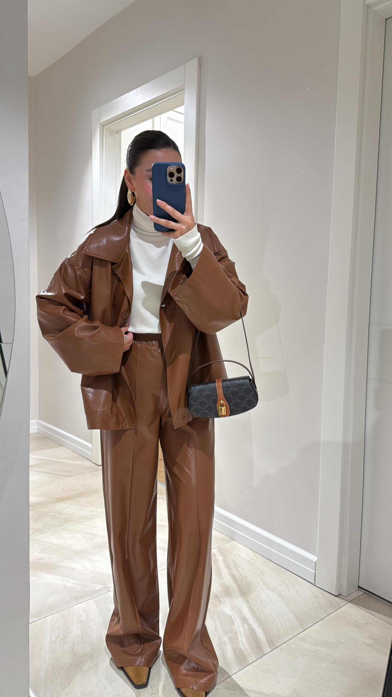 Kahve Metalik Deri Ceket Takım 