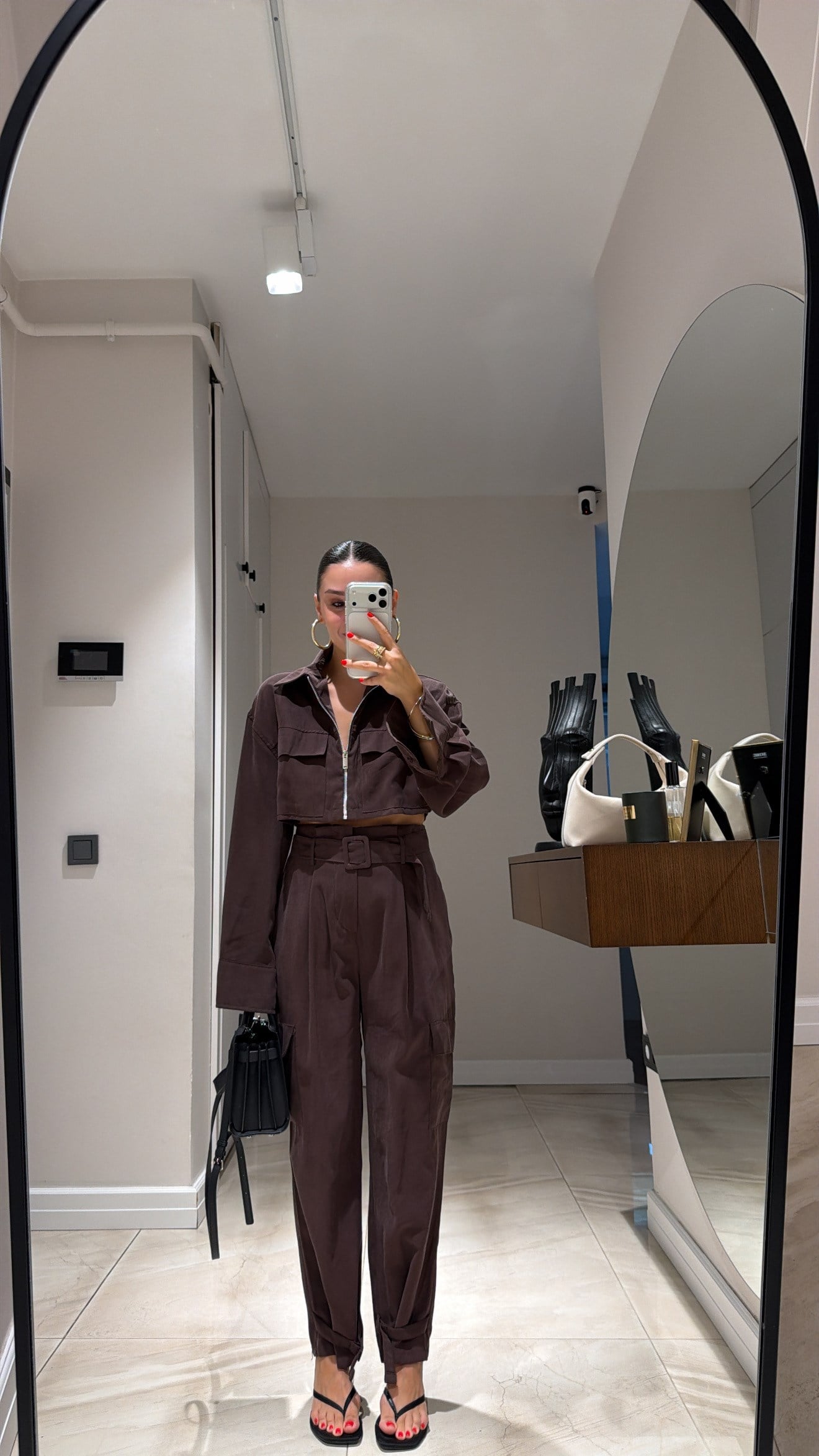 Kahve Ön Fermuarlı Crop Gömlek Pantolon Takım