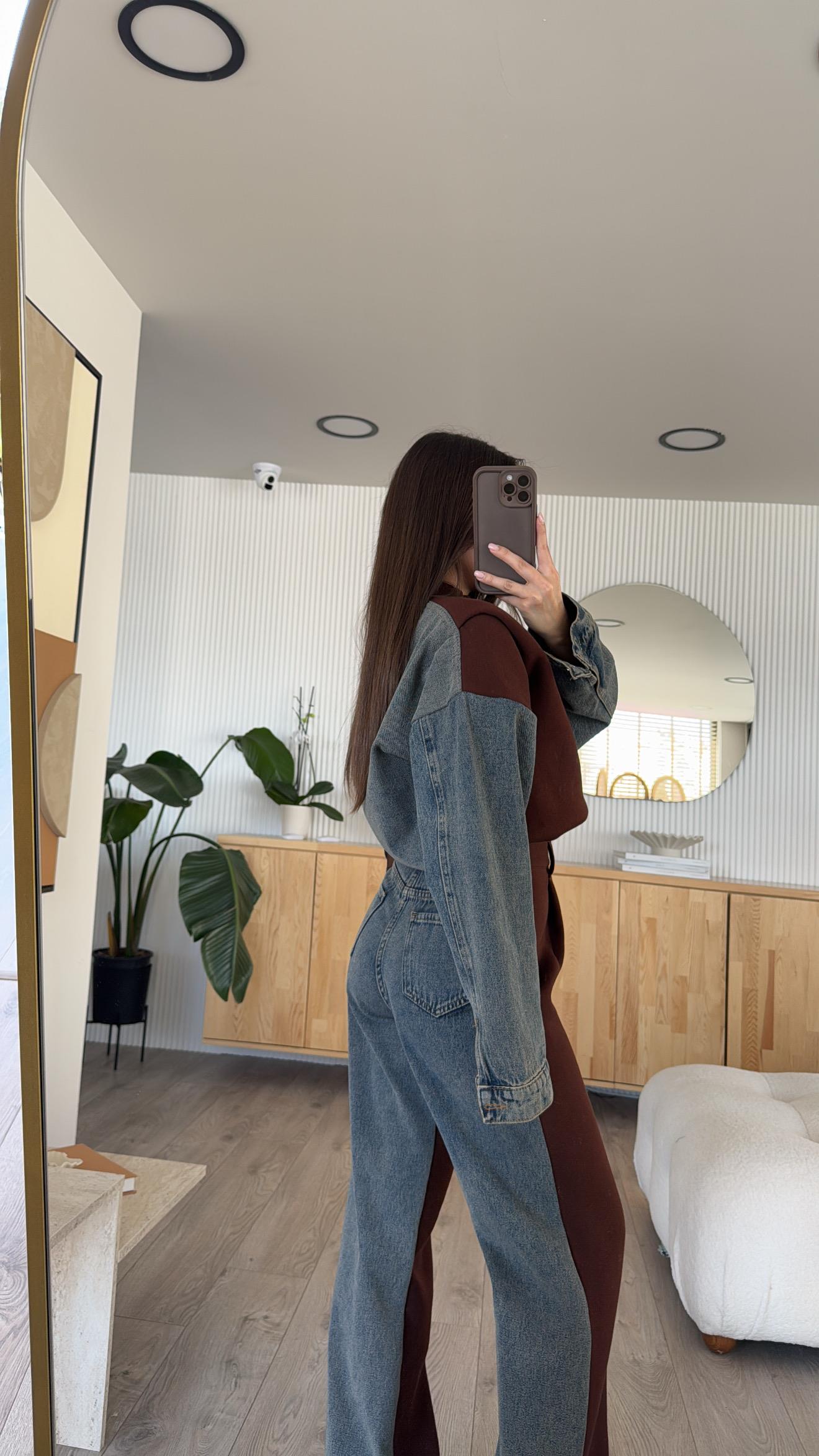 Kahve Ön Fermuarlı Garnili Denim Takım 