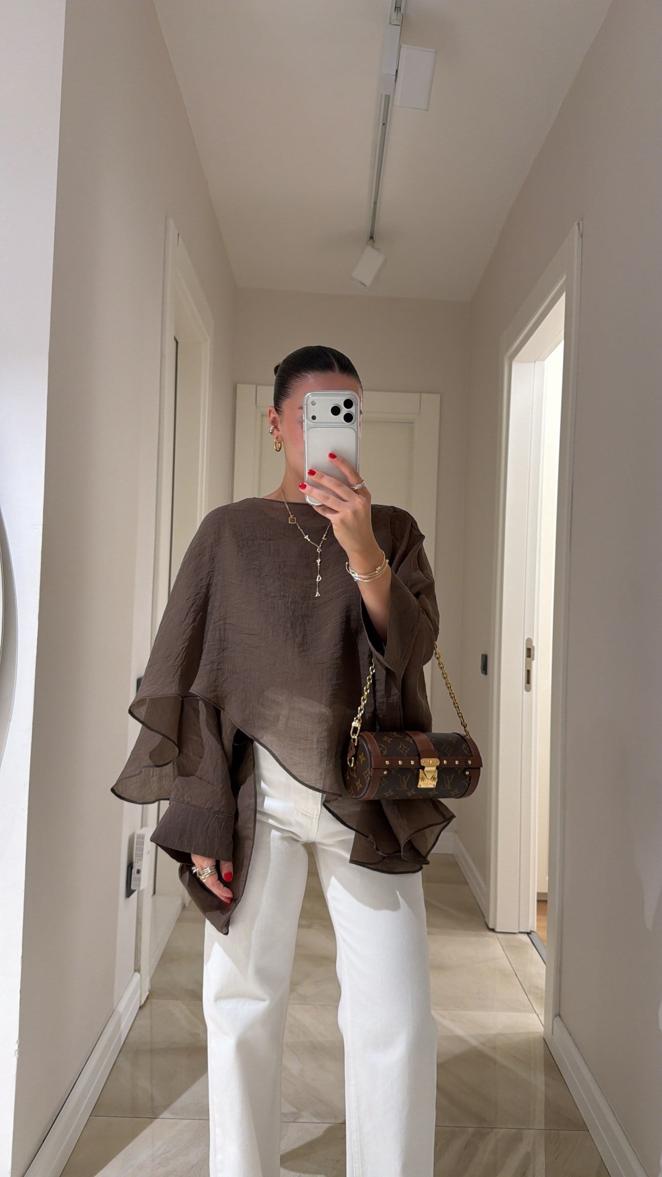 Kahve Pelerin Model Tül Bluz 