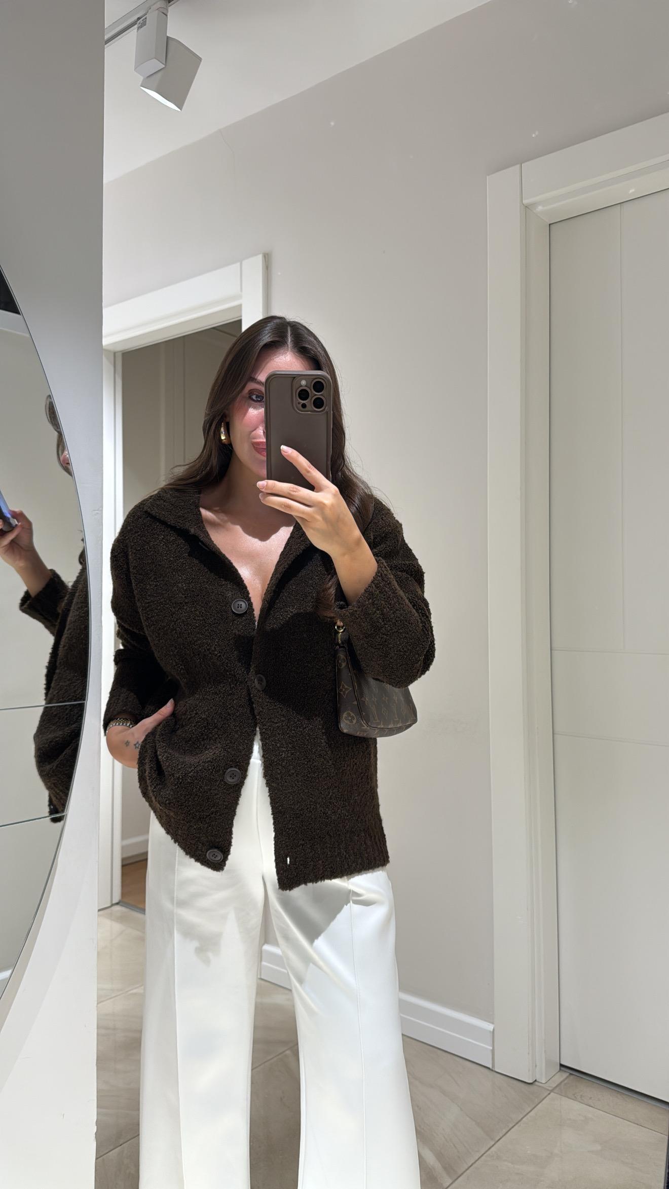 Kahve Polo Yaka Düğmeli Buklet Hırka 