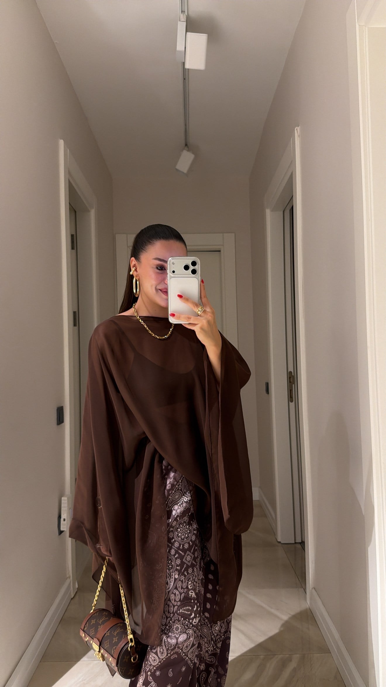 Kahve Şifon Pelerin Bluz
