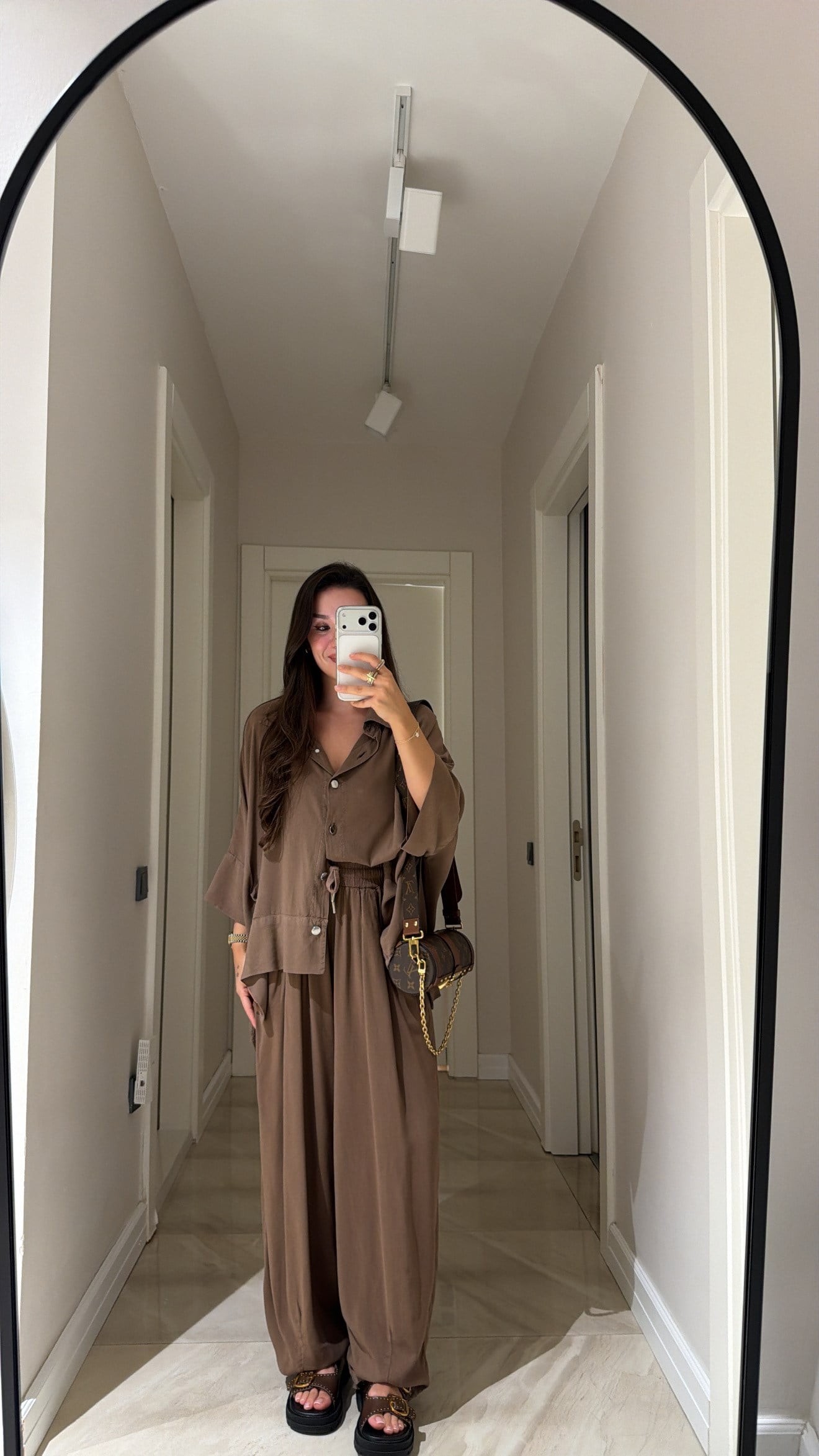 Kahve Silver Düğmeli Panço Takım