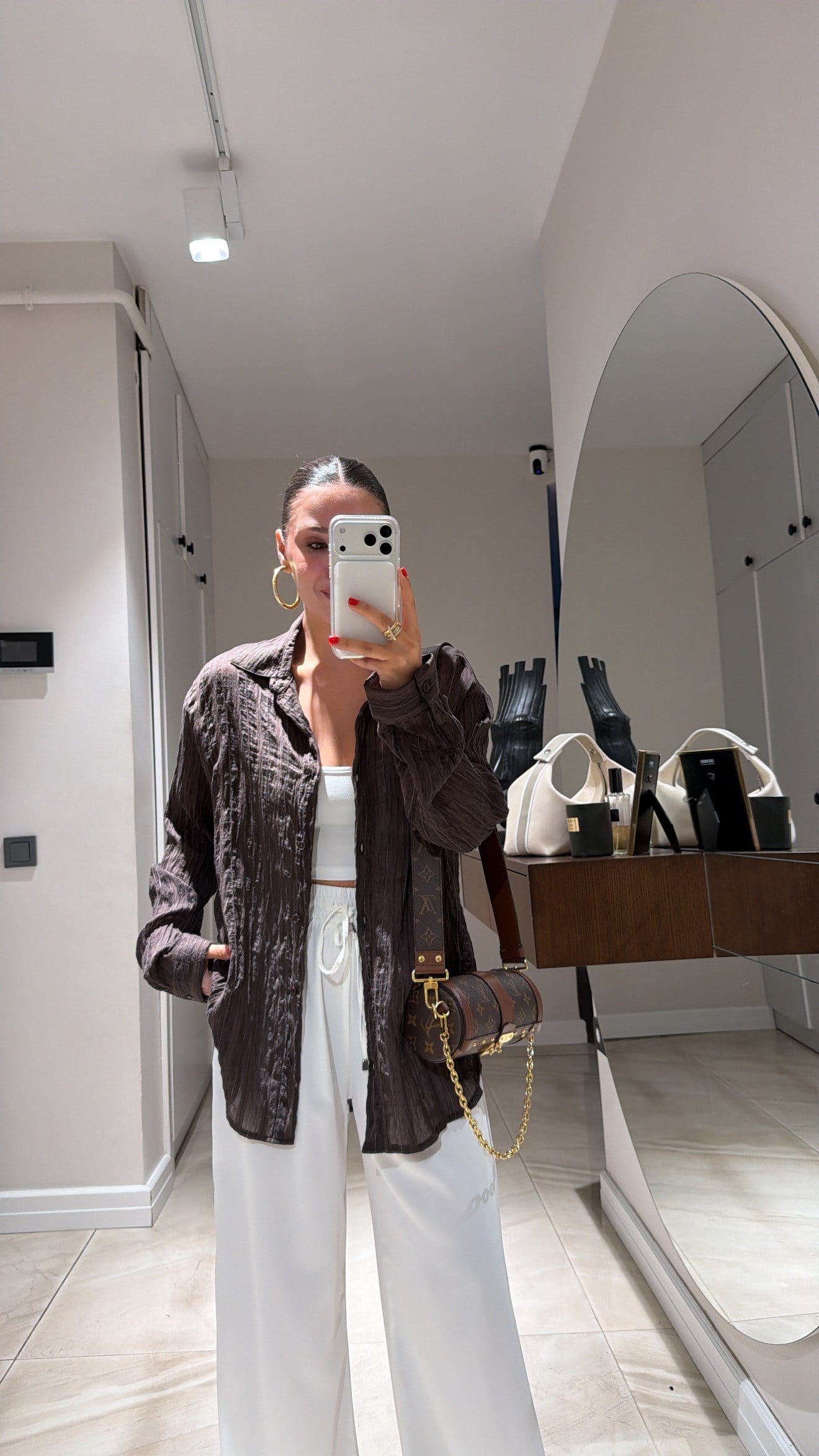 Kahve Sim Detaylı Oversize Gömlek