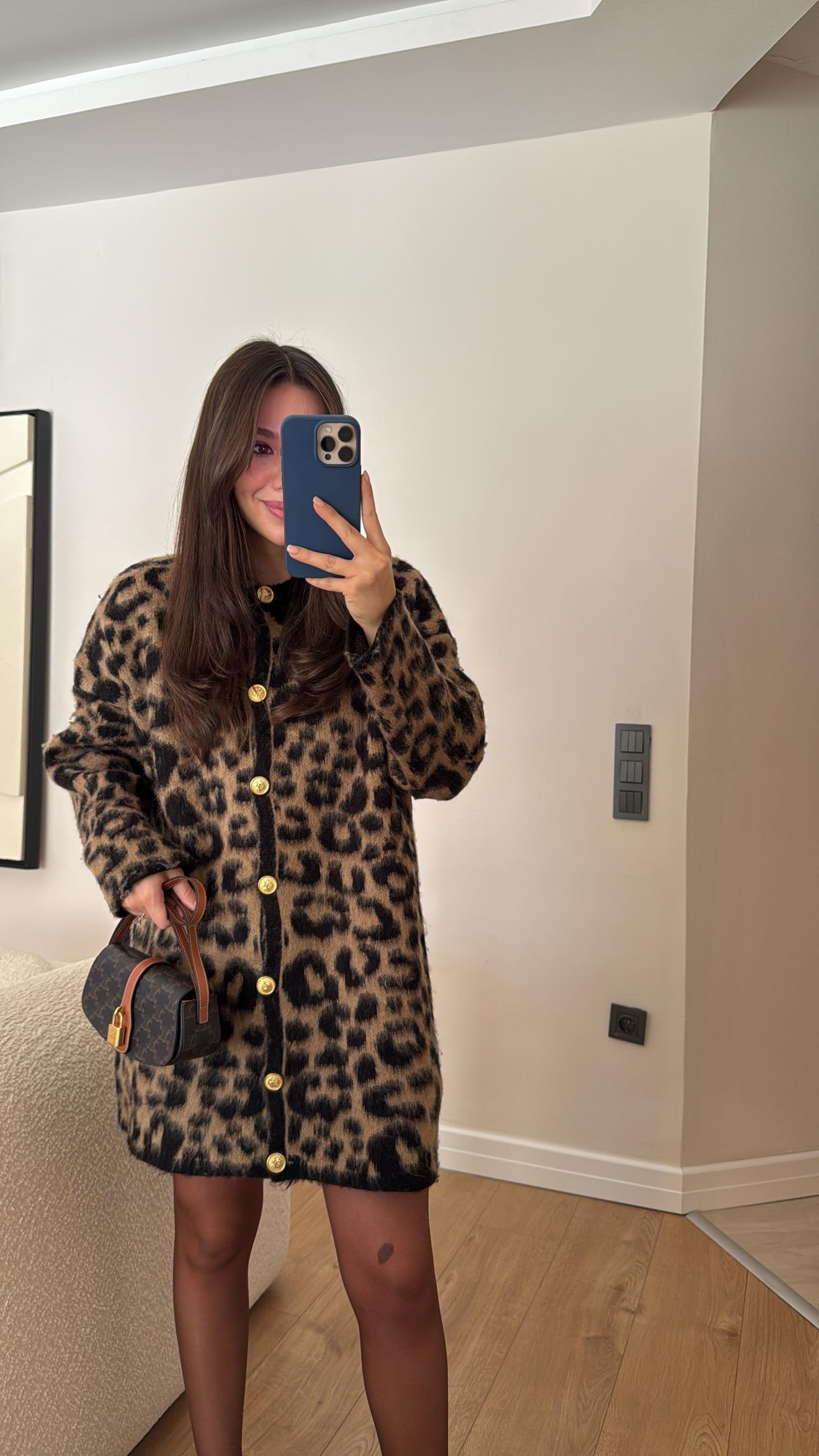 Kahve Siyah Leoparlı Gold Düğmeli Sakallı Hırka 