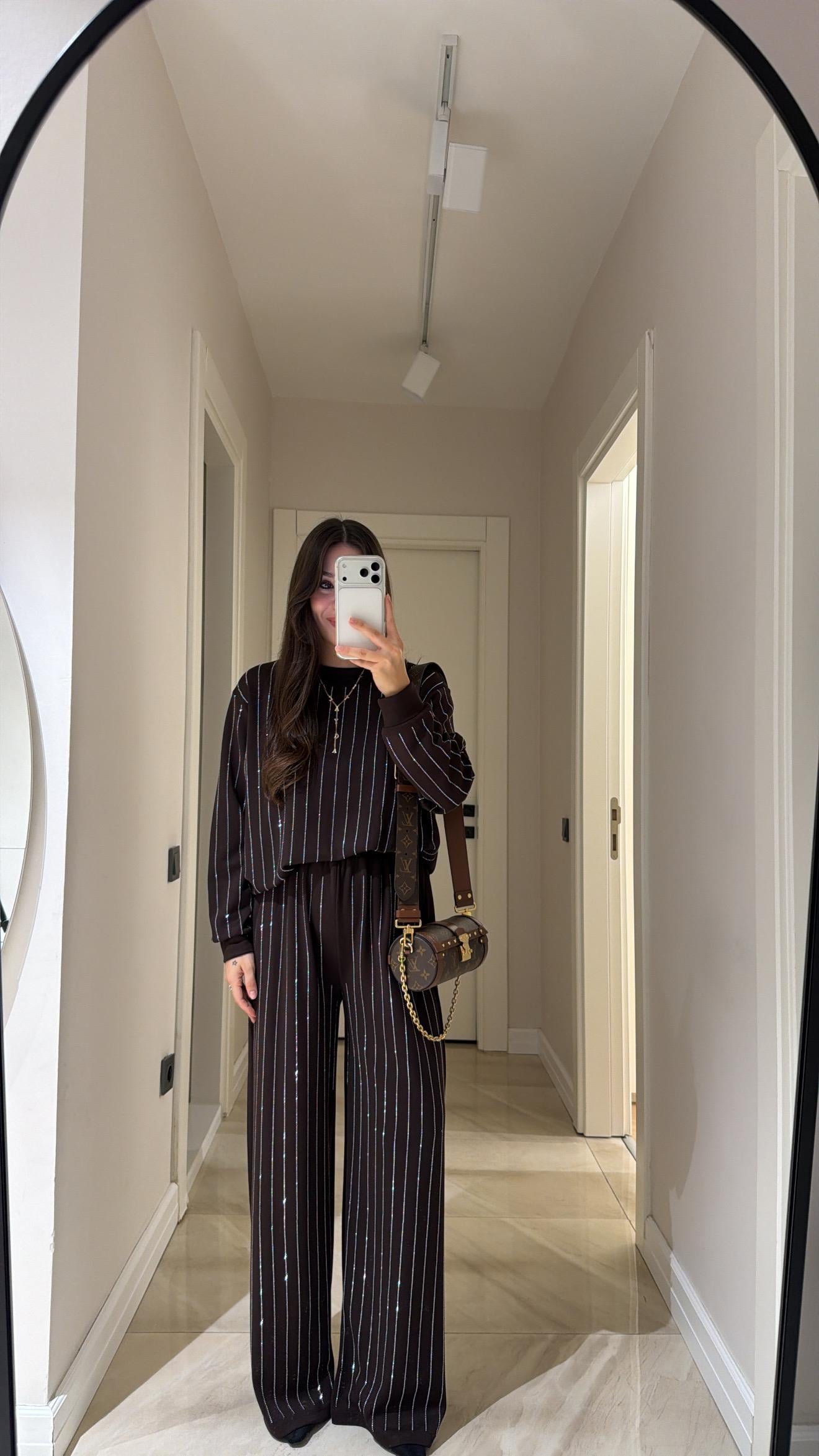 Kahve Taşlı Sweat Pantolon Takım