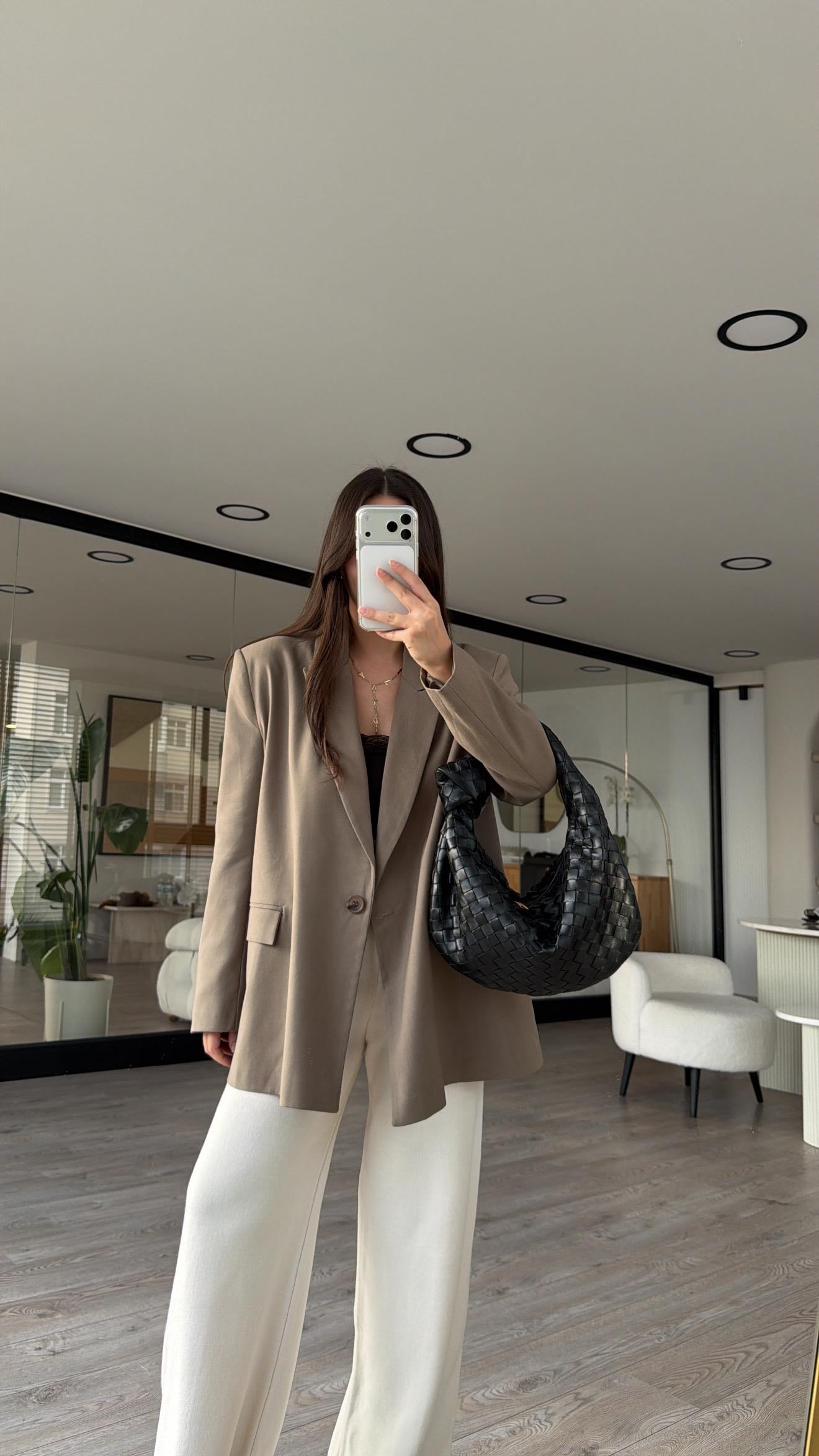 Kahve Tek Düğmeli Vatkalı Blazer Ceket 