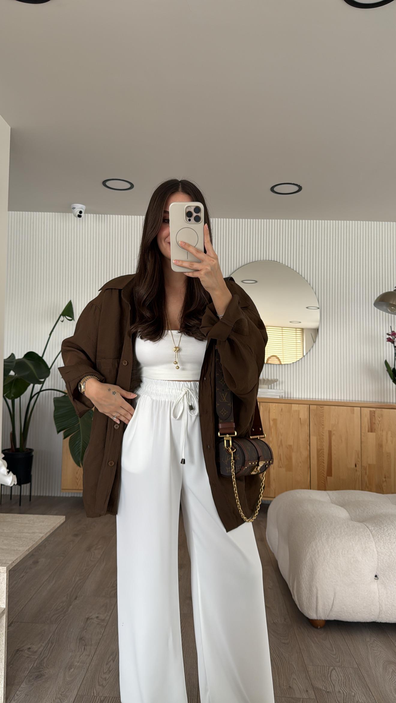 Kahve Tensel Kumaş Düşük Omuzlu Oversize Gömlek