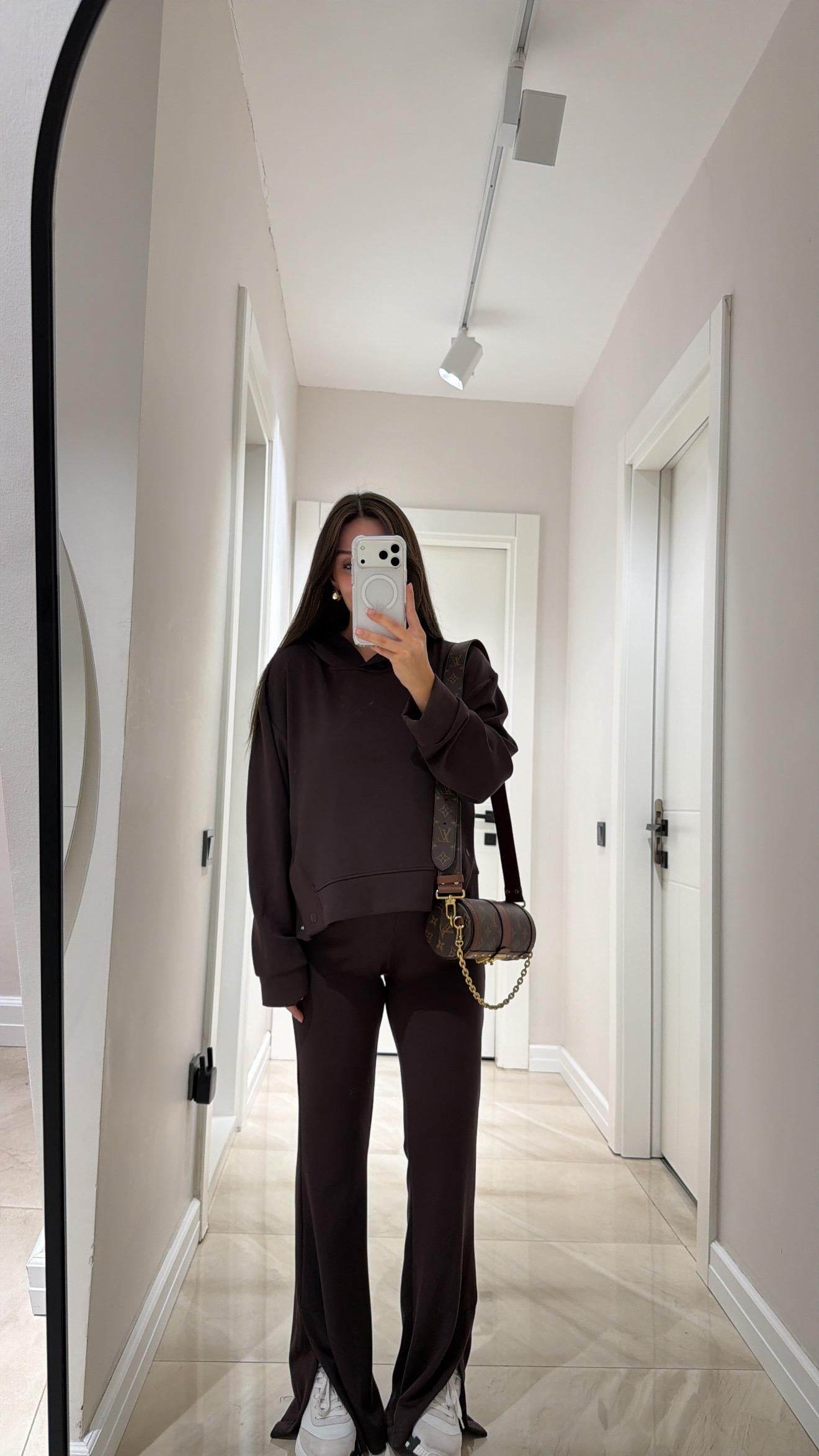 Kahve Yırtmaç Detaylı Kapüşonlu Modal Takım