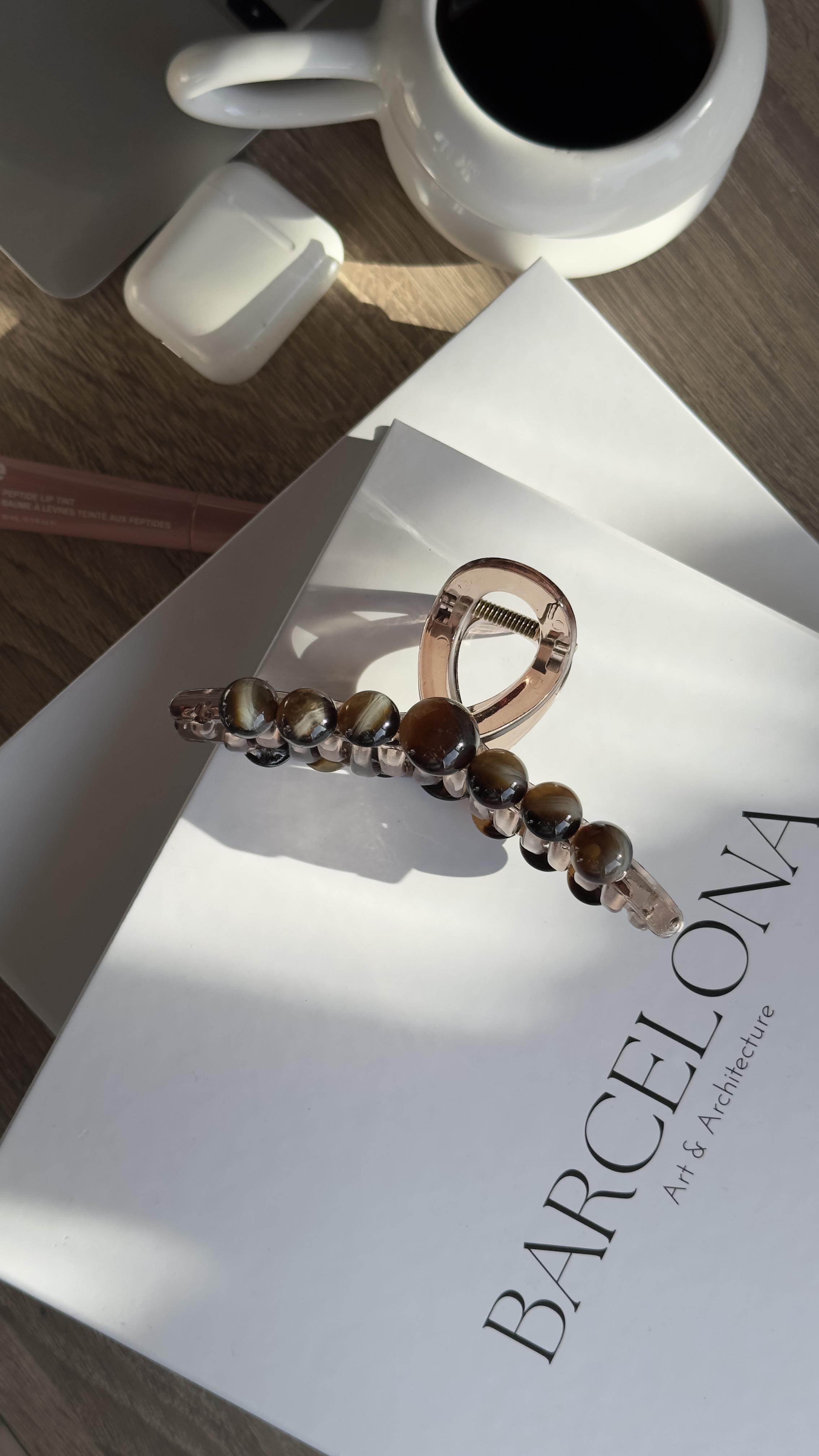 Kahverengi Boncuklu İnce Büyük Boy Kıskaçlı Toka