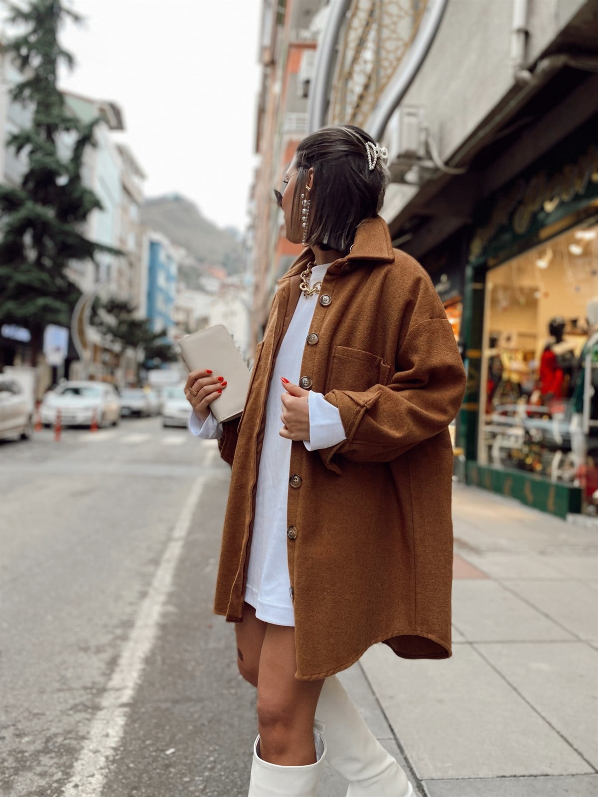 Kahverengi Çift Cepli Oversize Kaşe Ceket