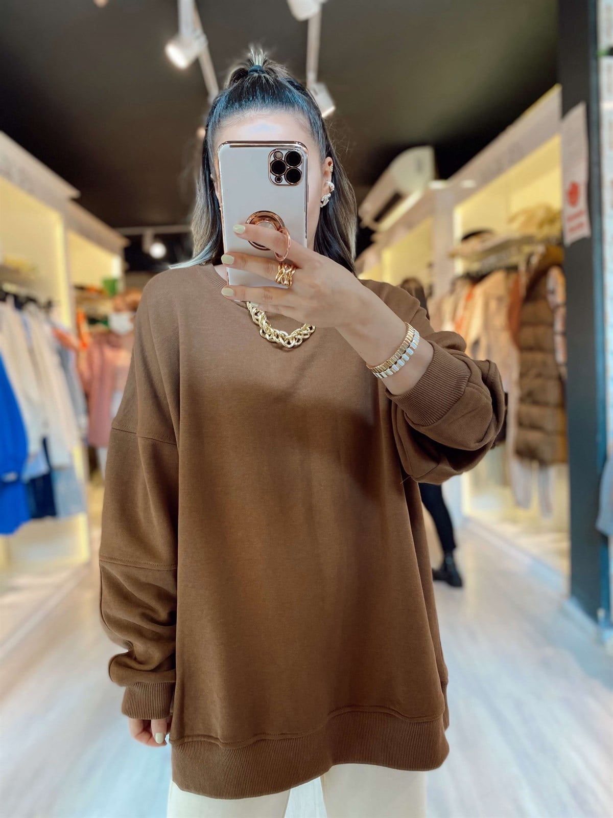 Kahverengi Ravi Oversize Basic Sweat