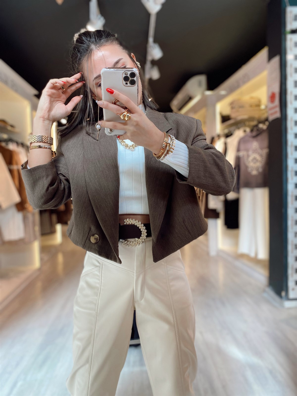 Kahverengi Vatkalı Crop Ceket