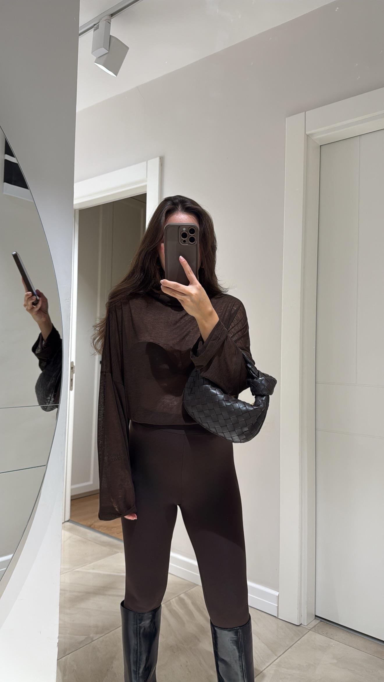 Kahverengi Yarım Balıkçı Transparan bluz 