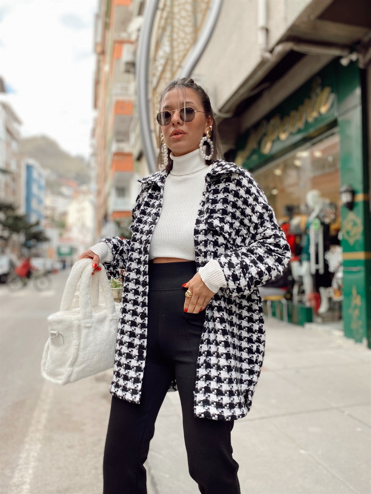 Kazayağı Desenli Çift Cepli Gömlek Ceket