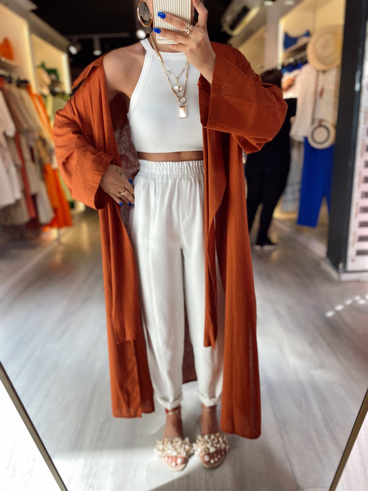 Kiremit Ön Bağlama Detaylı Keten Kimono