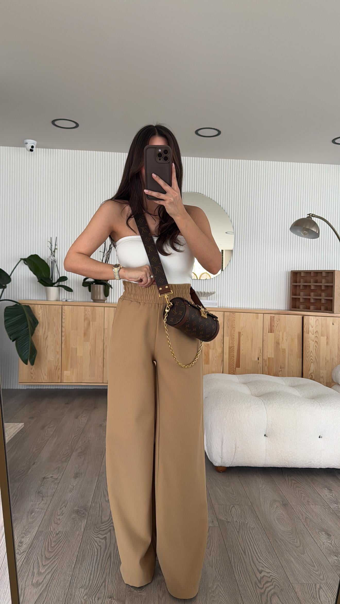 Koyu Bej Beli Lastikli Geniş Paça Dilvin Pantolon