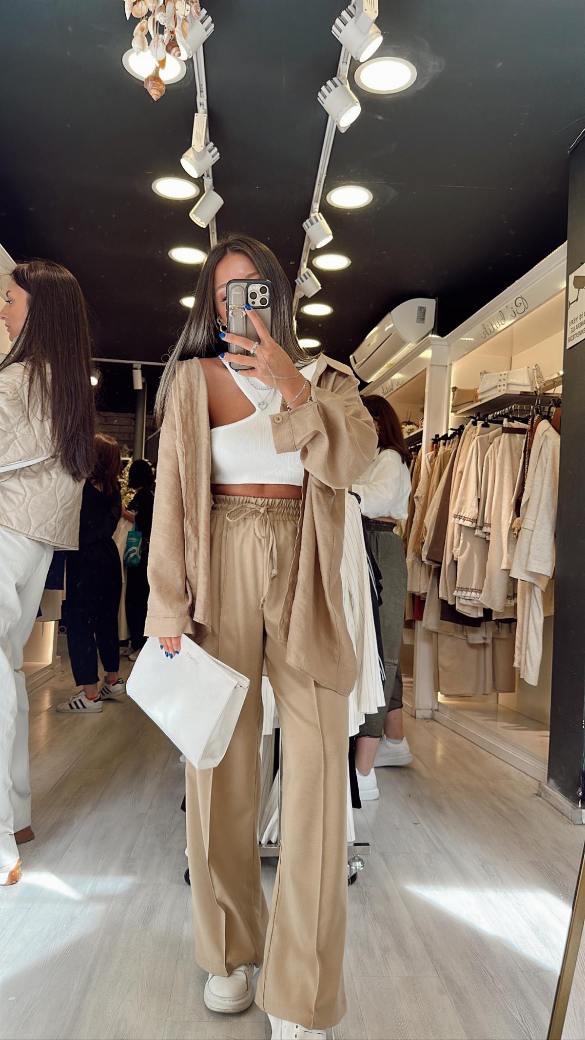 Koyu Bej Beli Lastikli Ön Dikiş Detaylı Bol Paça Pantolon
