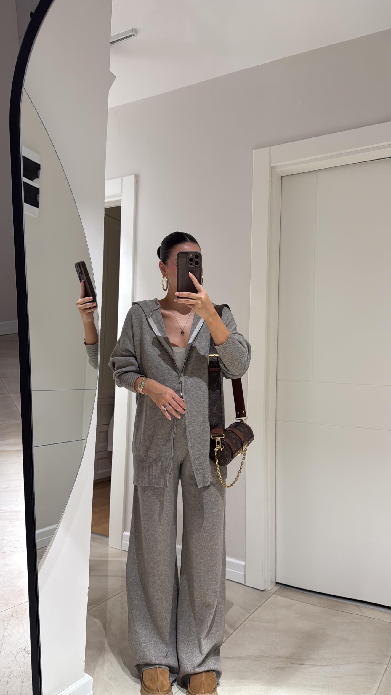 Koyu Bej Çift Fermuarlı Kapüşonlu Triko Pantolon Takım