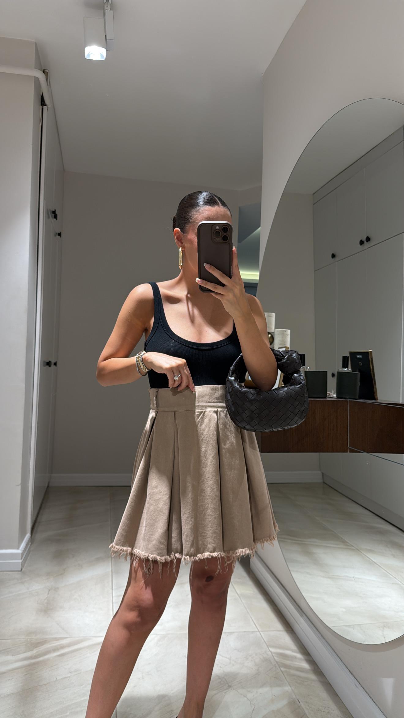 Koyu Bej Pileli Keten Ravi Etek