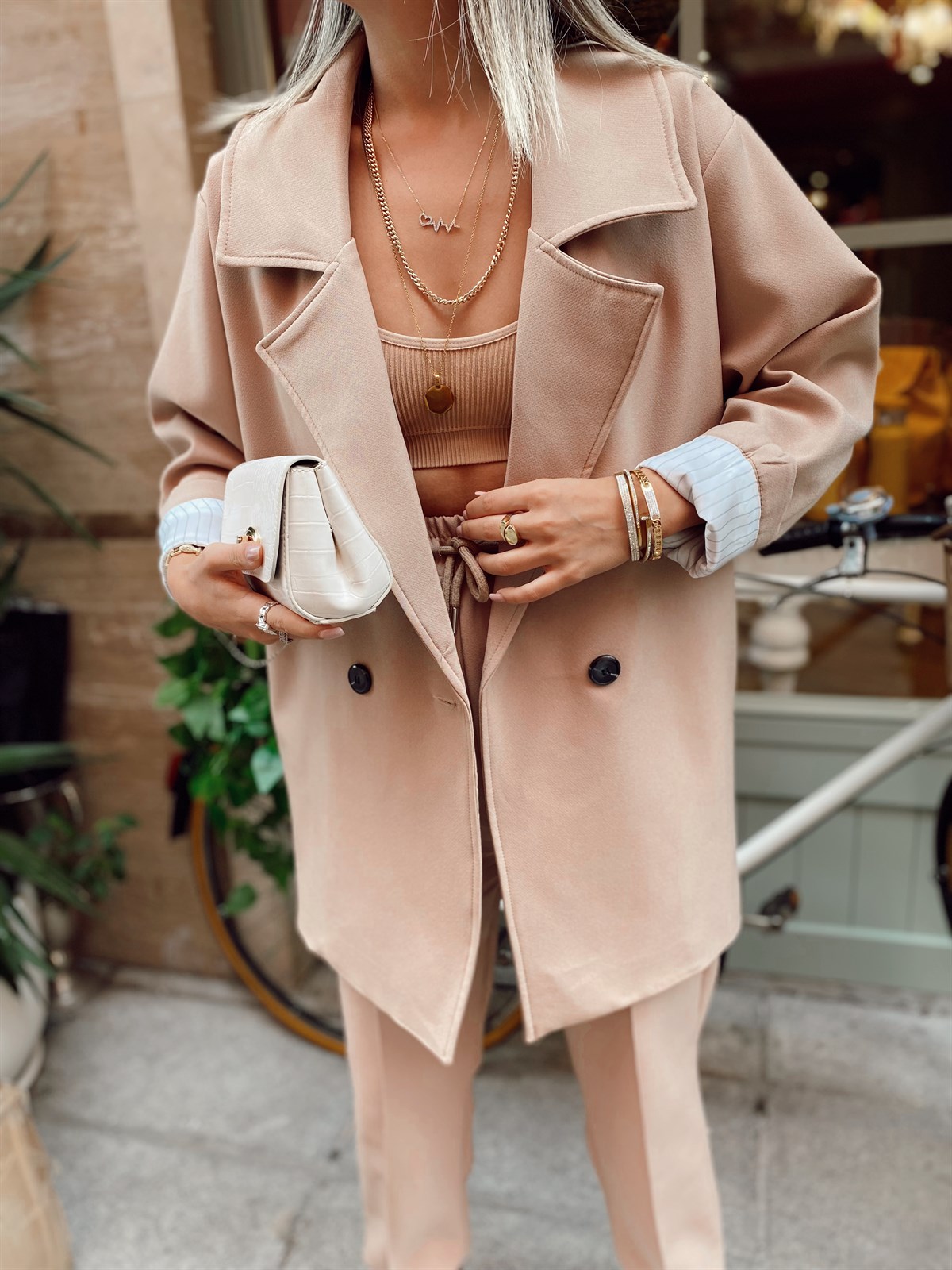 Koyu Bej Yan Cepli Oversize Blazer Ceket
