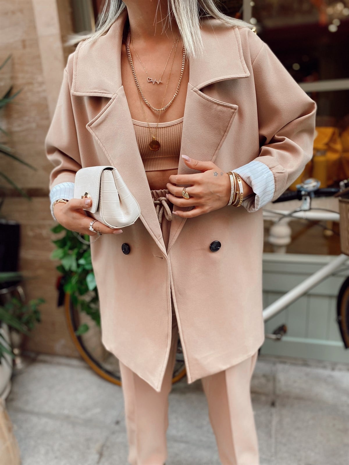 Koyu Bej Yan Cepli Oversize Blazer Ceket