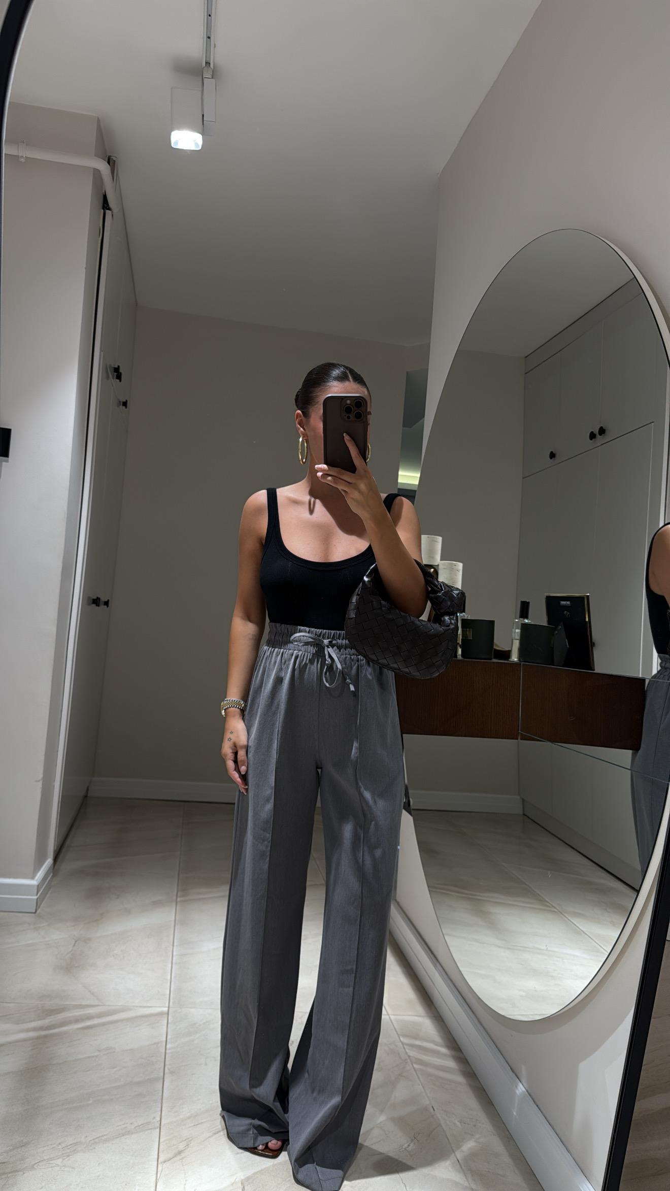 Antrasit Beli Lastikli Ön Dikiş Detaylı Bol Pantolon 