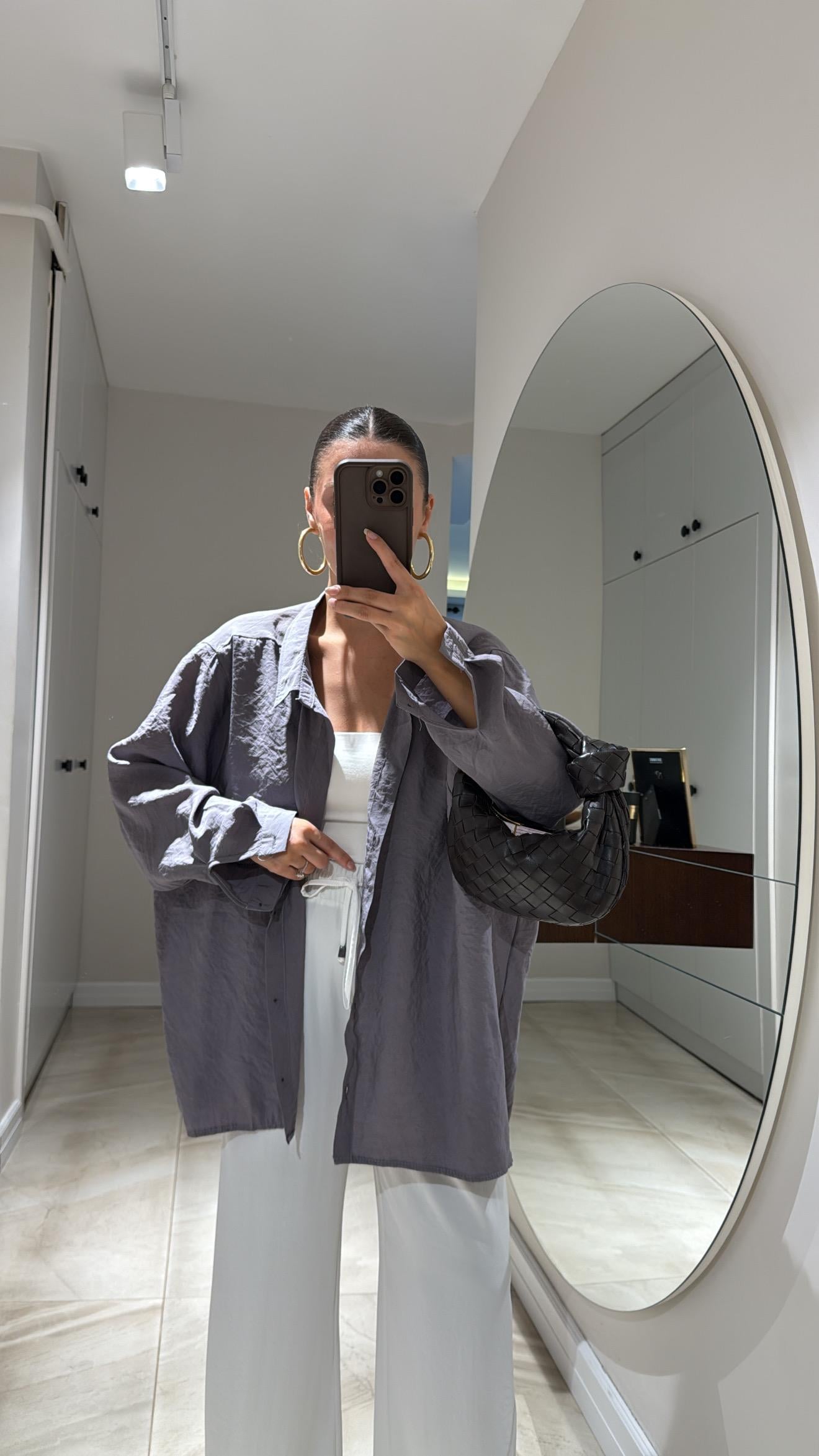 Koyu Gri Tek Cepli Oversize Gömlek