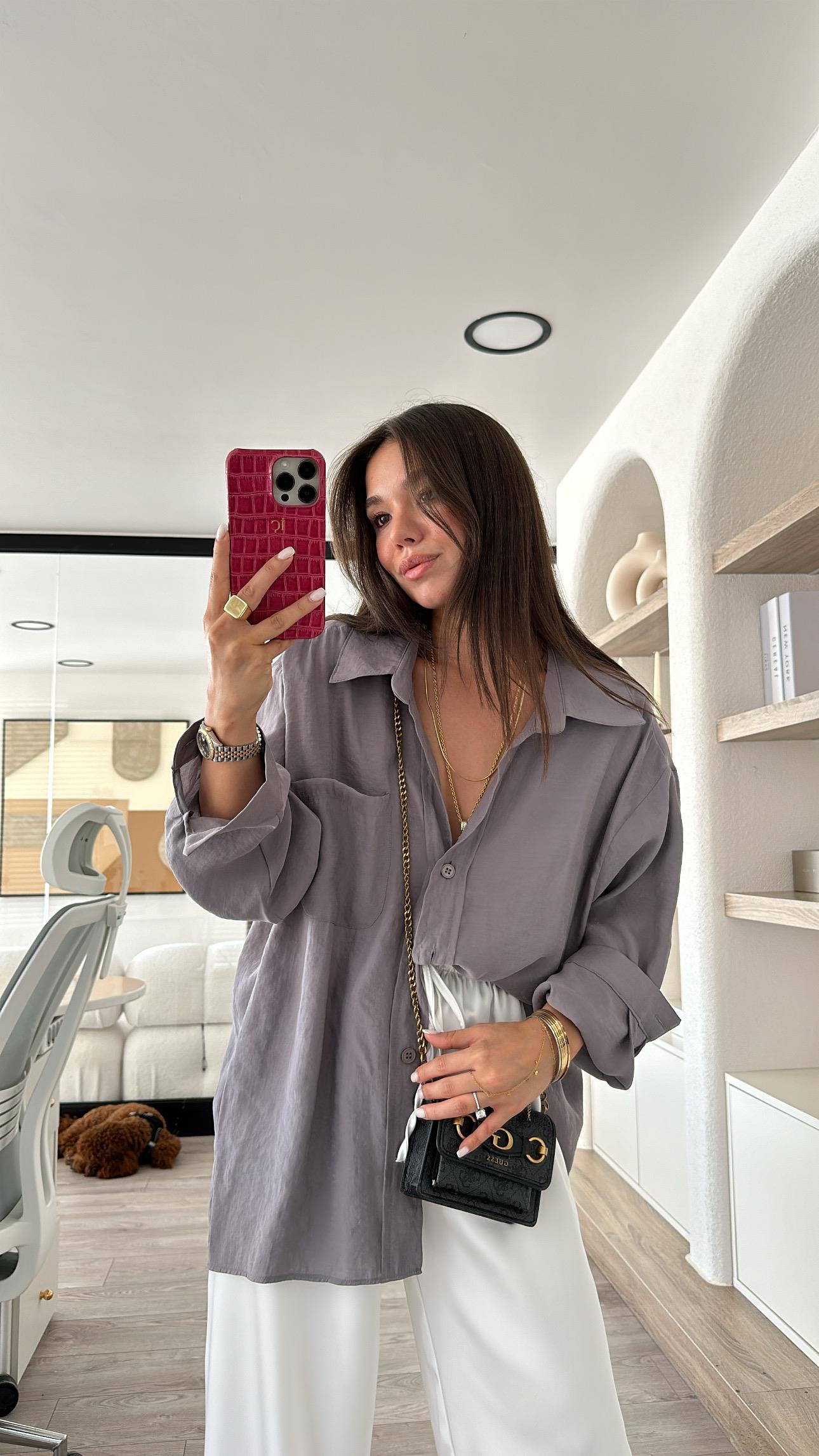 Antrasit Tensel Kumaş Düşük Omuzlu Oversize Gömlek