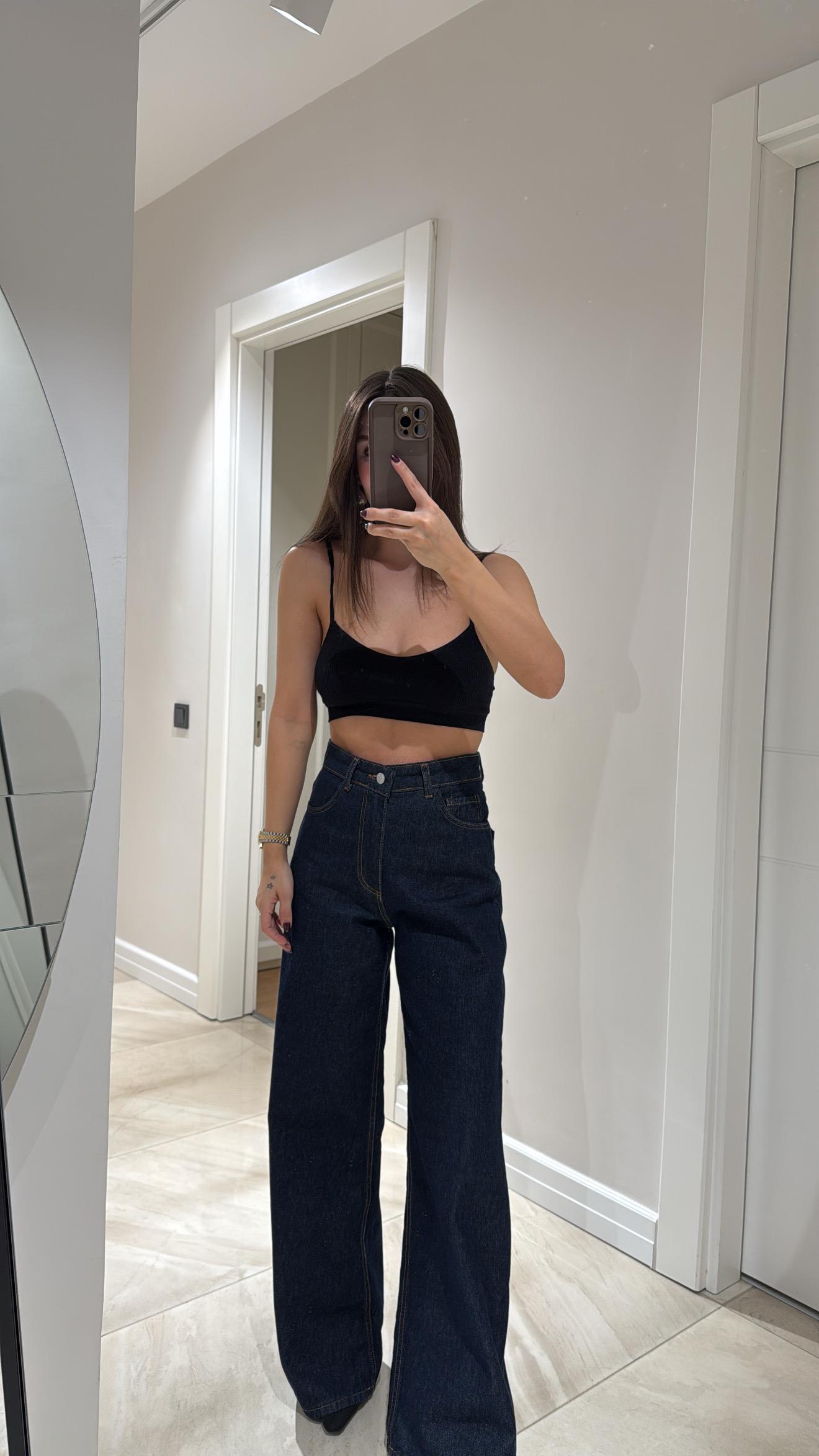 Koyu Lacivert Geniş Paça Denim Pantolon