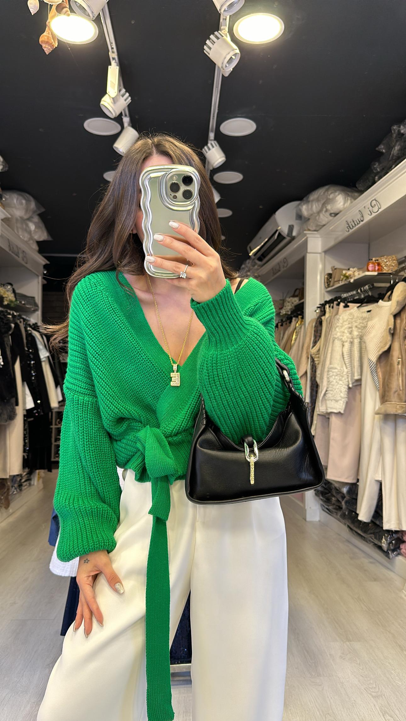 Koyu Yeşil  Bağlama Detaylı Hırka 