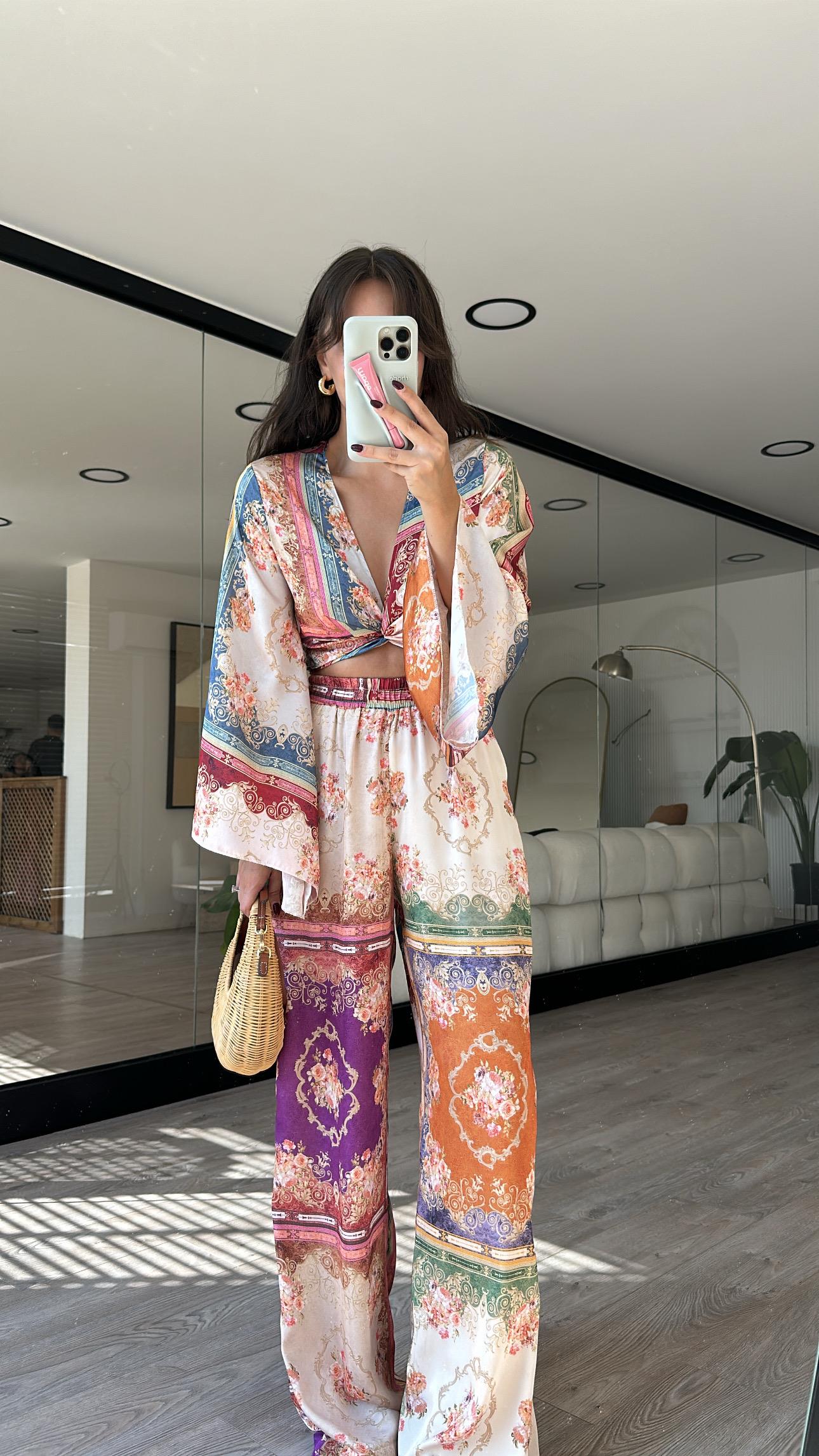 Krem Etnik Desenli Bağlamalı Pantolon Takım