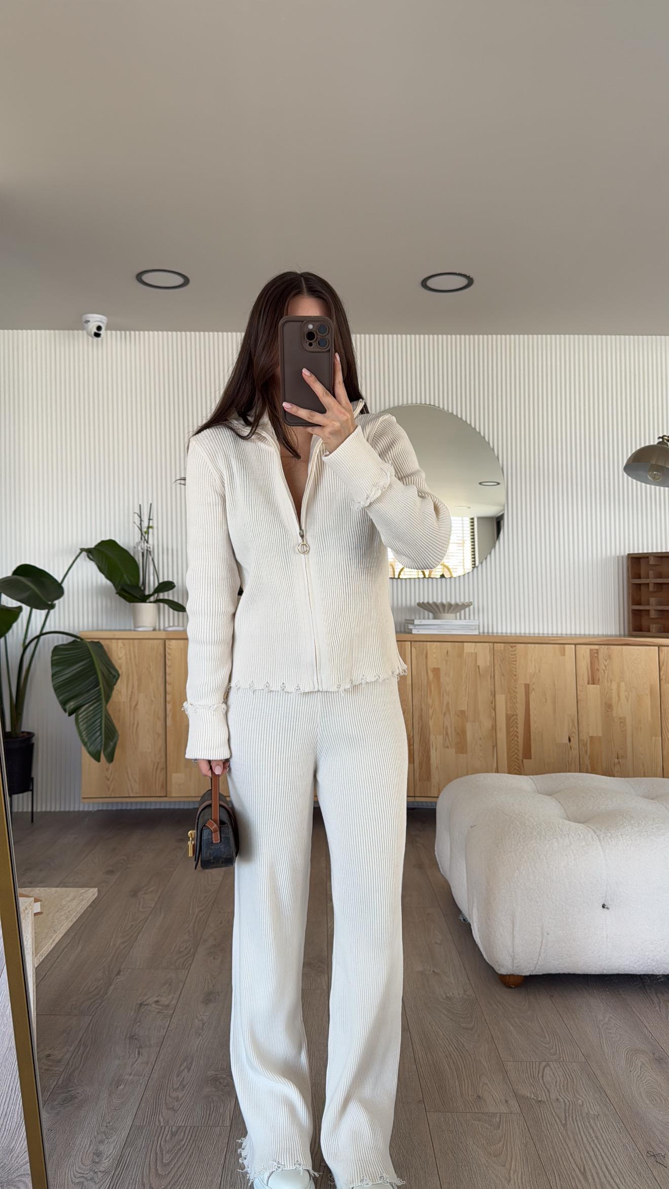 Krem Fitilli Yırtık Detaylı Hırka Triko Takım