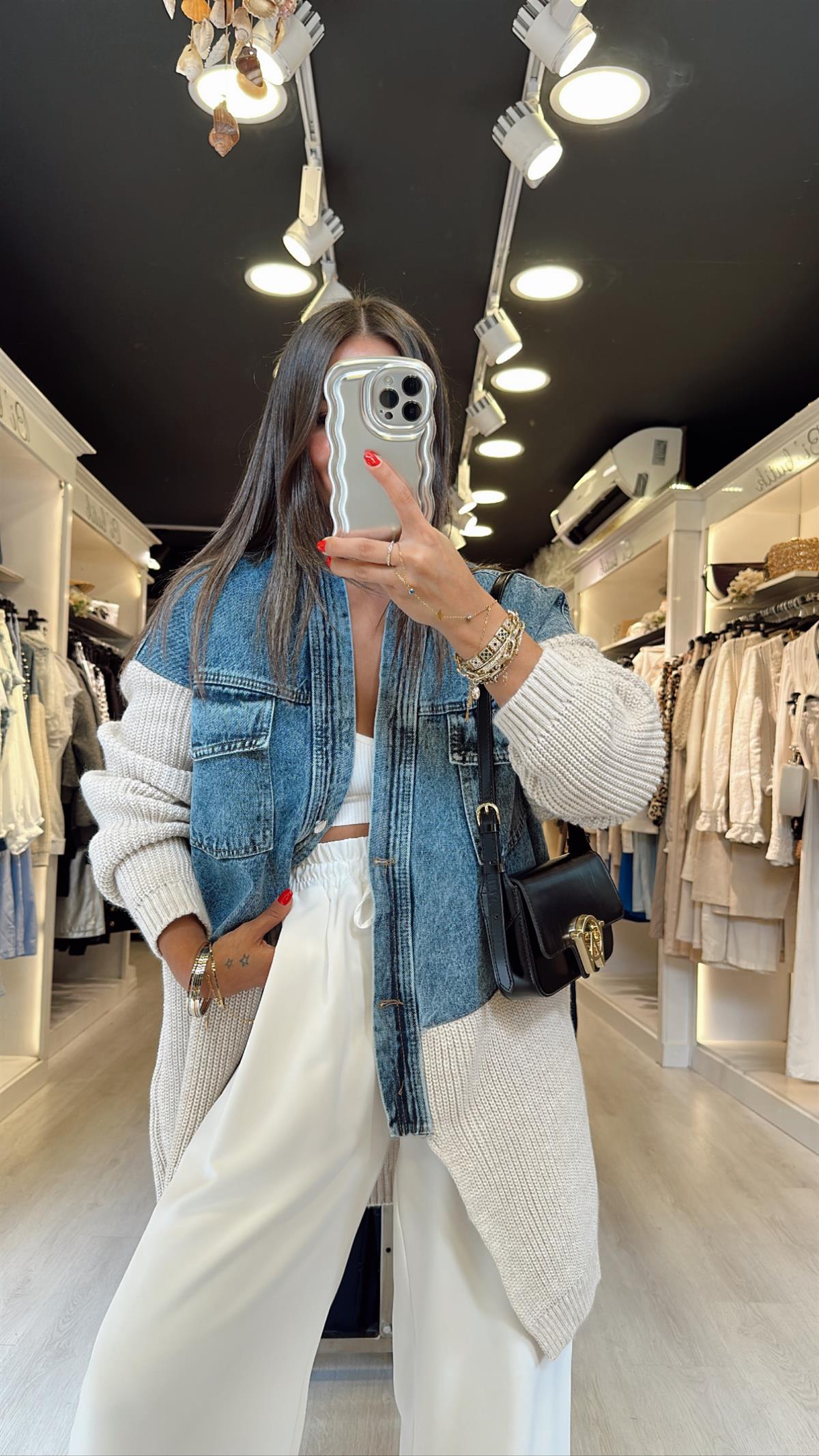 Krem Jean Detaylı Cepli Hırka 