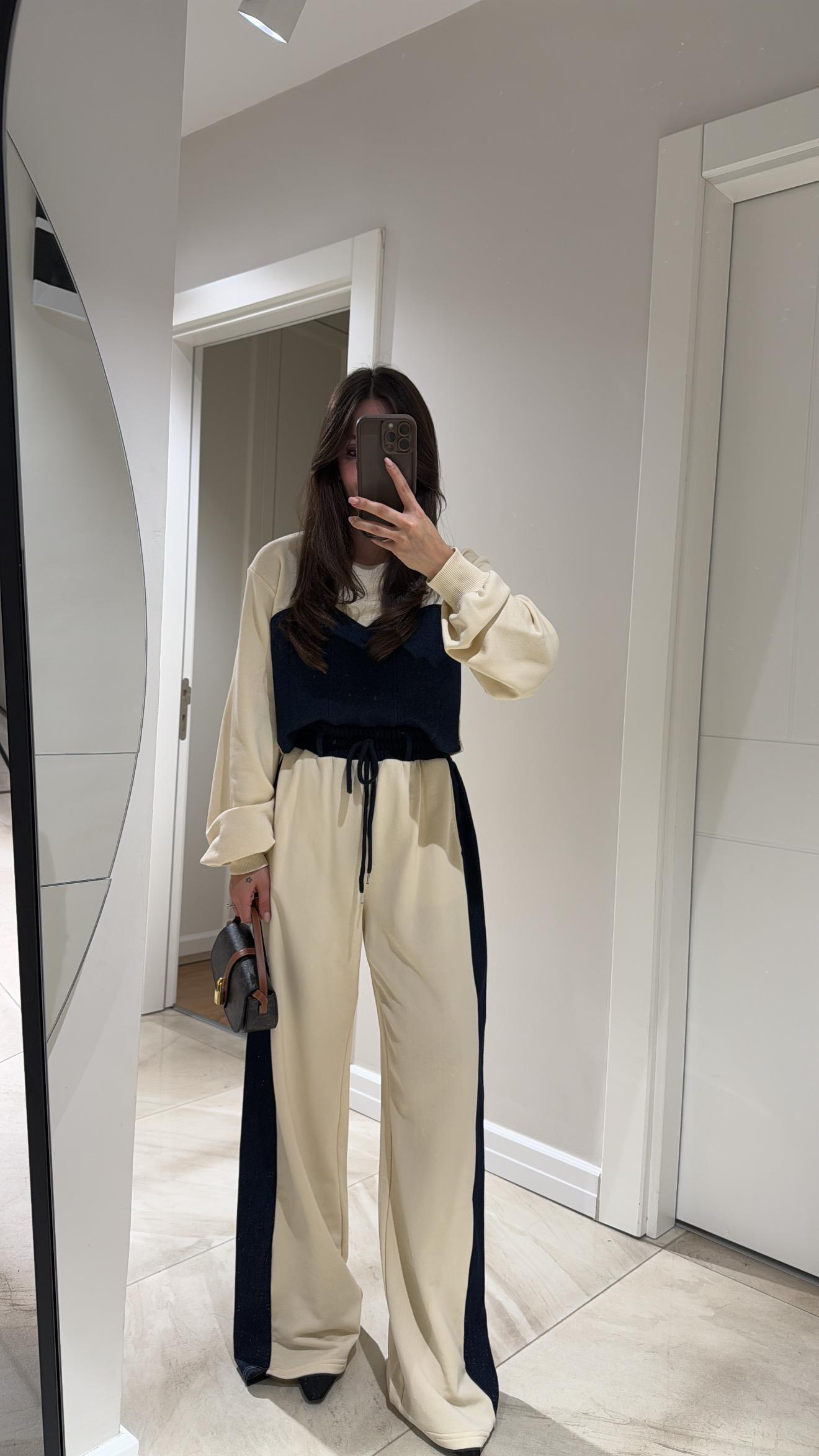 Krem Lacivert Denim Detaylı Bel Lastikli Pantolon