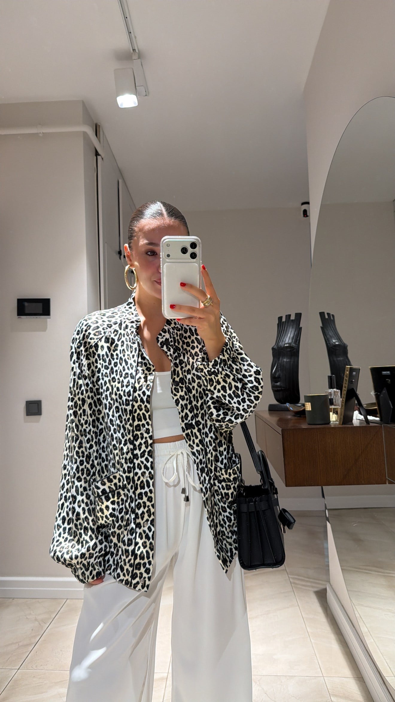 Krem Leopar Desen Saten Bomber Ceket 