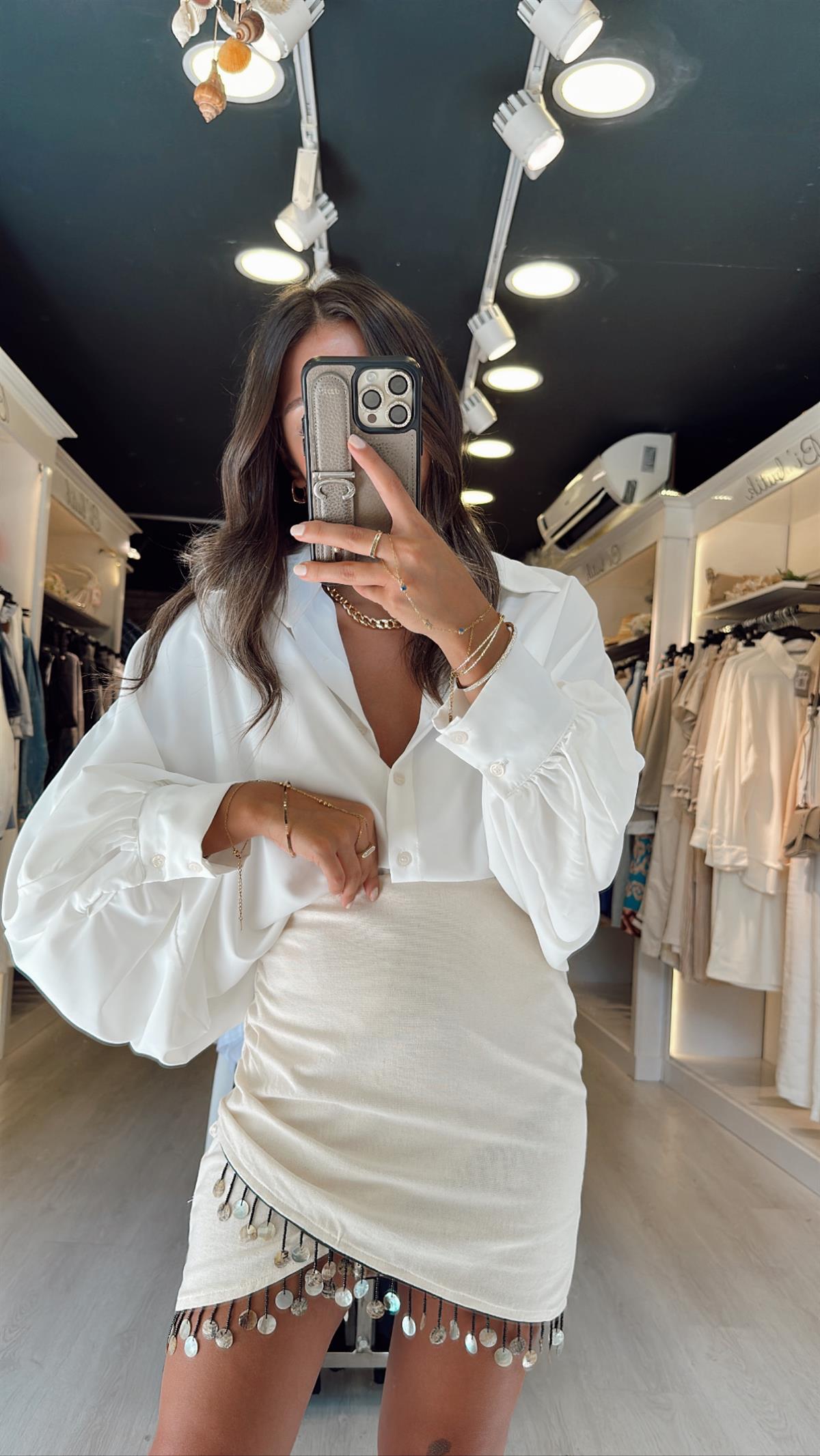 Krem Renk Boncuklu Asimetrik Keten Etek 