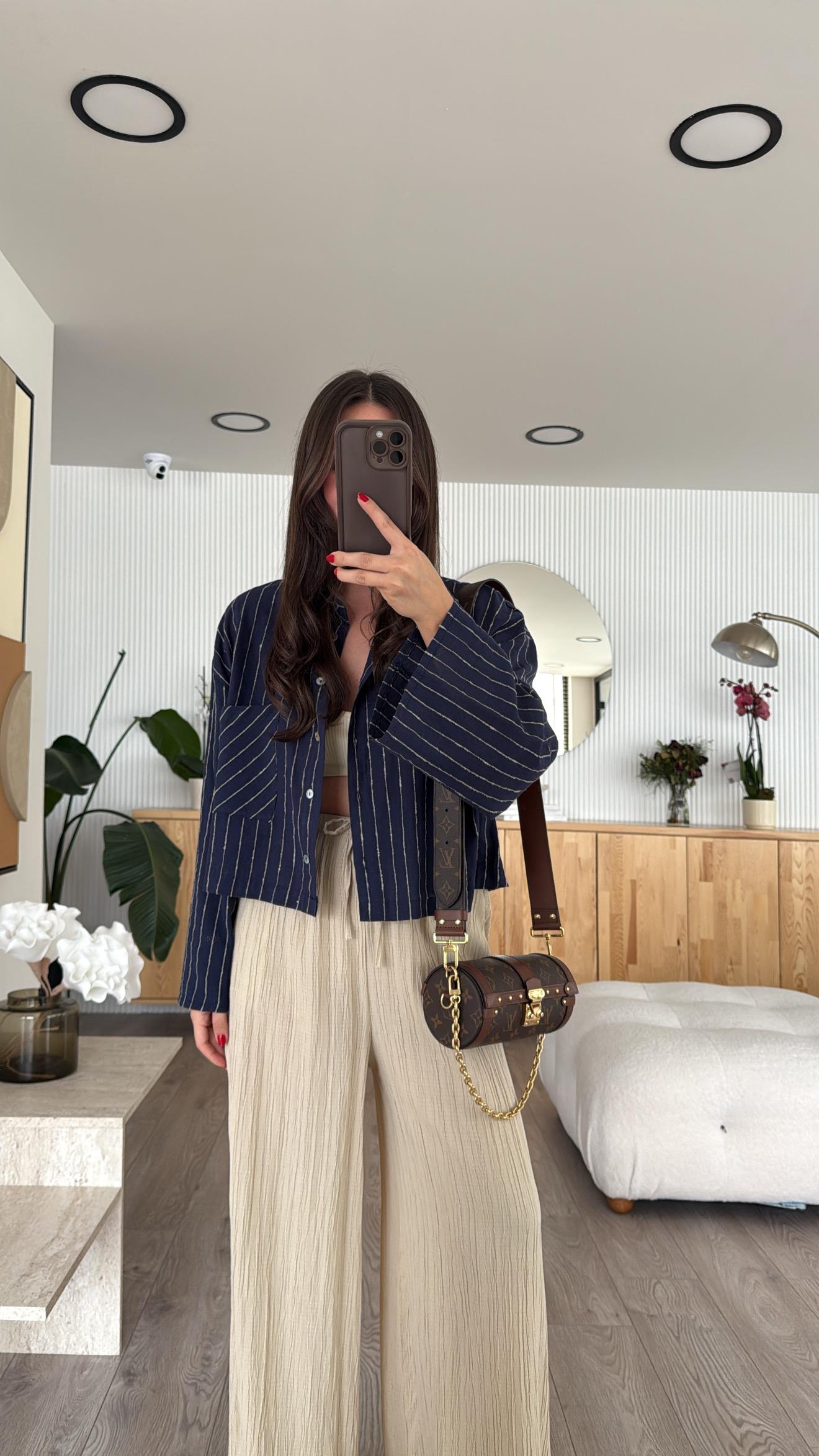 Lacivert Bej Çizgili Tek Cepli Crop Gömlek 