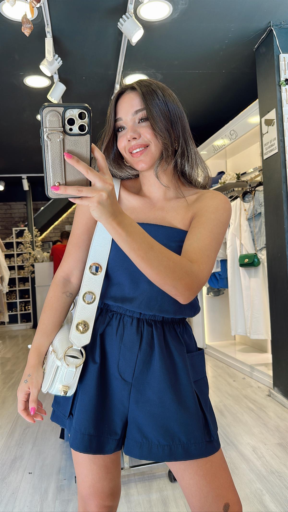 Lacivert Beli Lastikli Çift Cepli Şort Tulum 