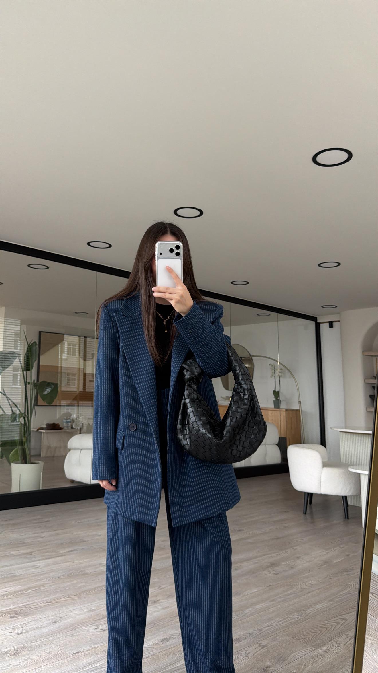 Lacivert Beyaz Çizgili Blazer Ceket 