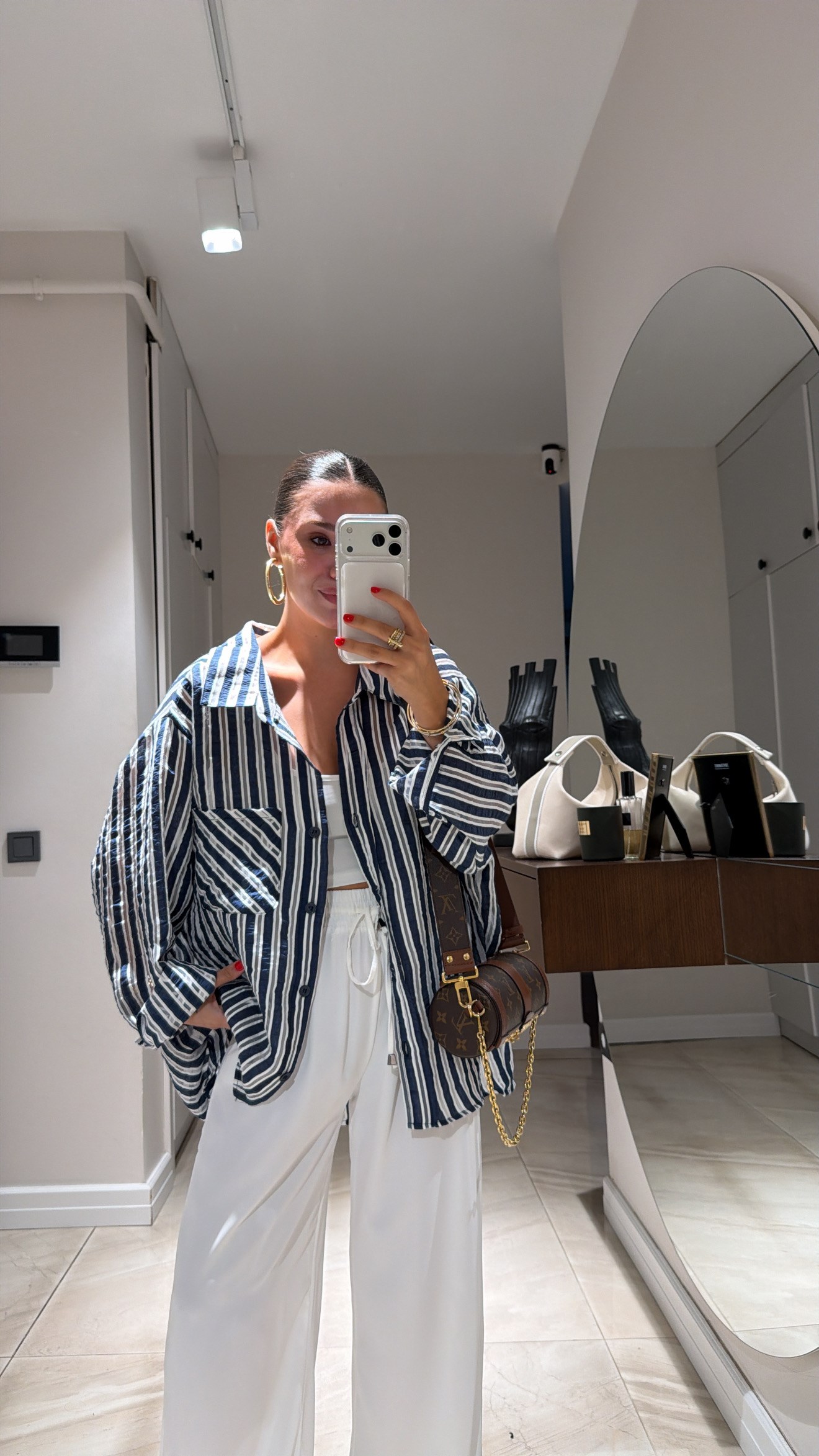 Lacivert Beyaz Çizgili Transparan Oversize Gömlek