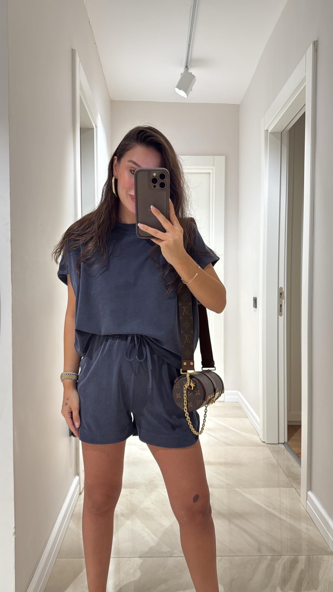 Lacivert Bisiklet Yaka Modal Şort Takım