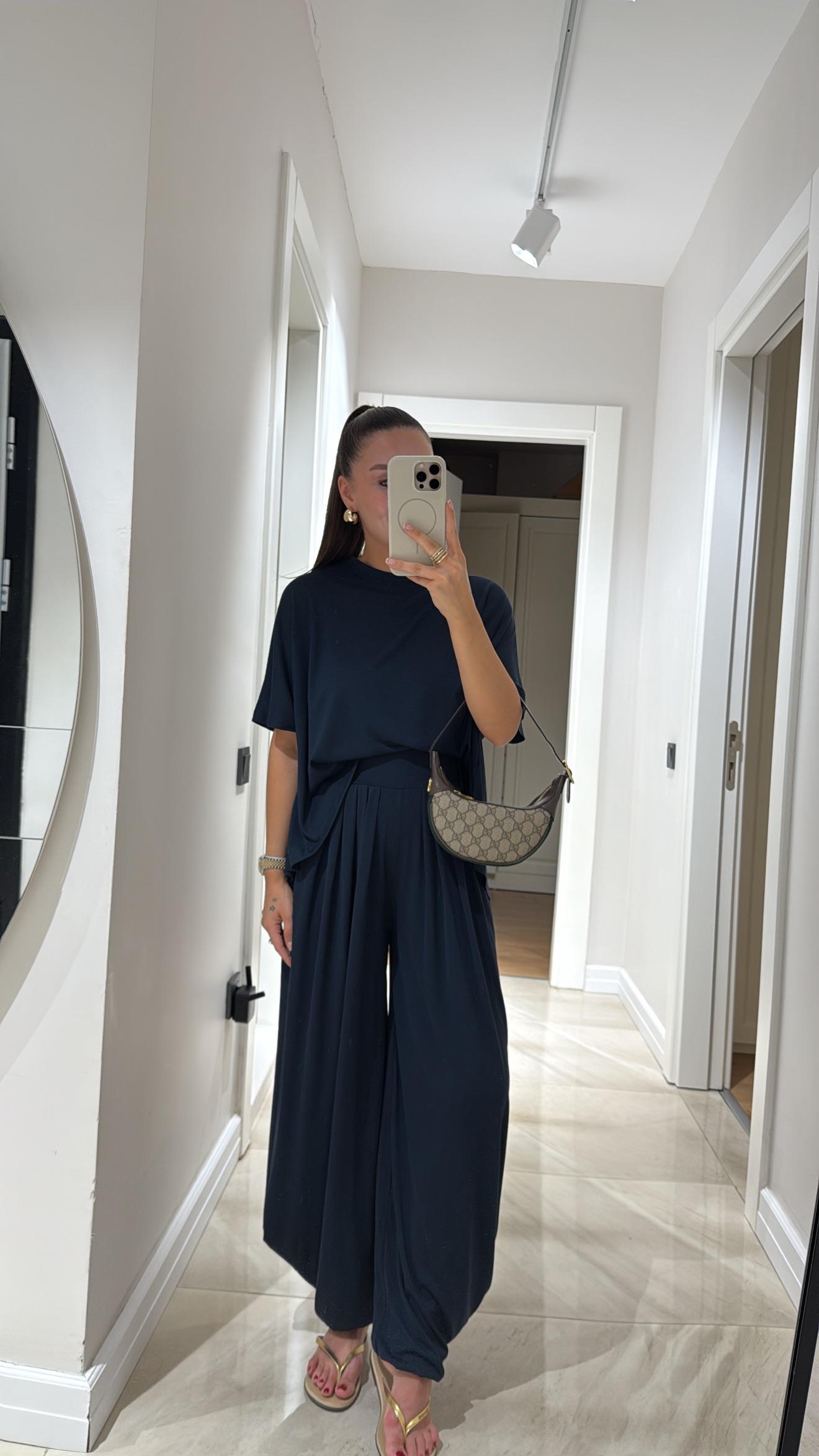 Lacivert Bisiklet Yaka Şalvar Pantolon Takım 