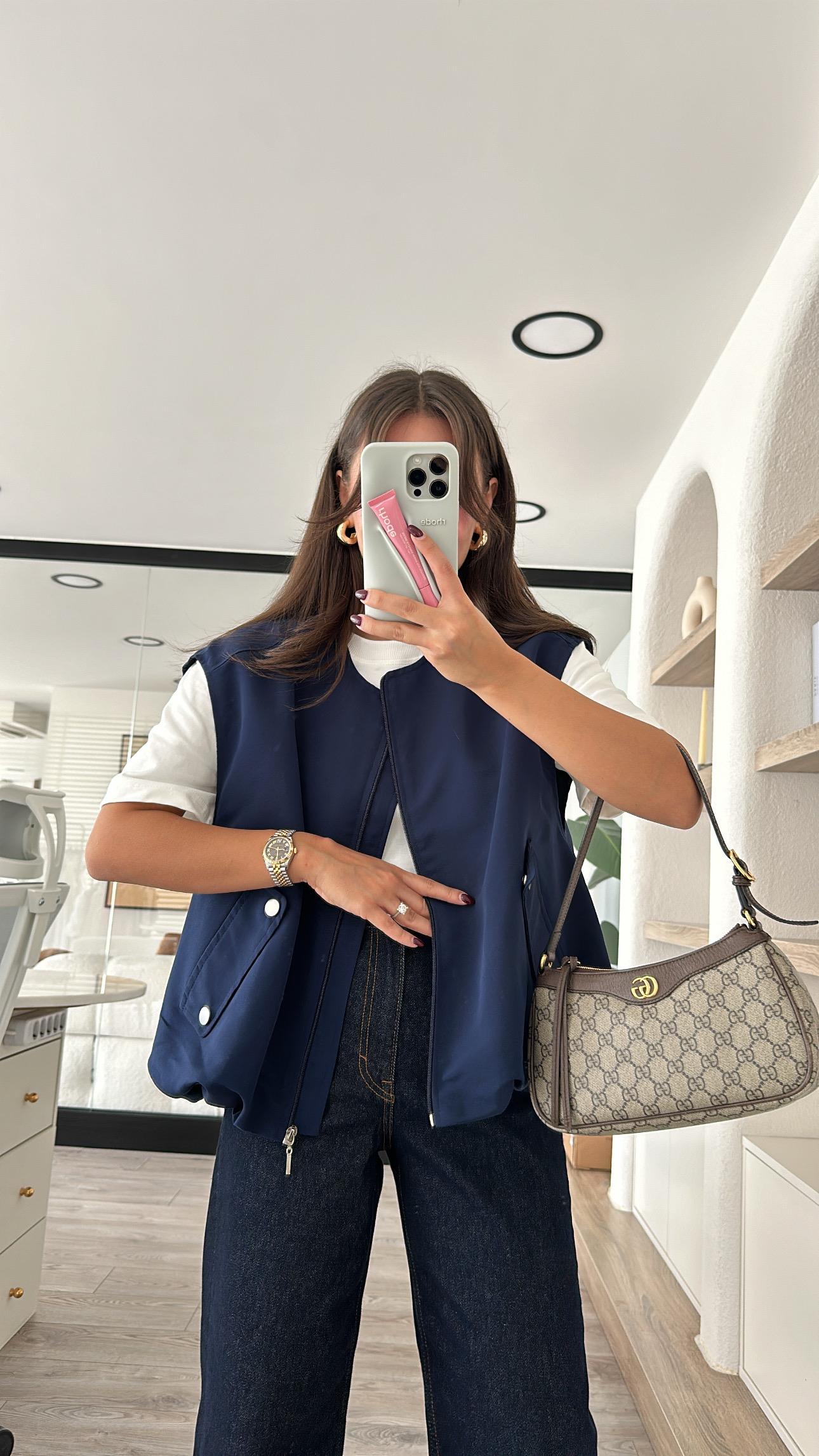 Lacivert Cep Detaylı Pileli Bomber Yelek