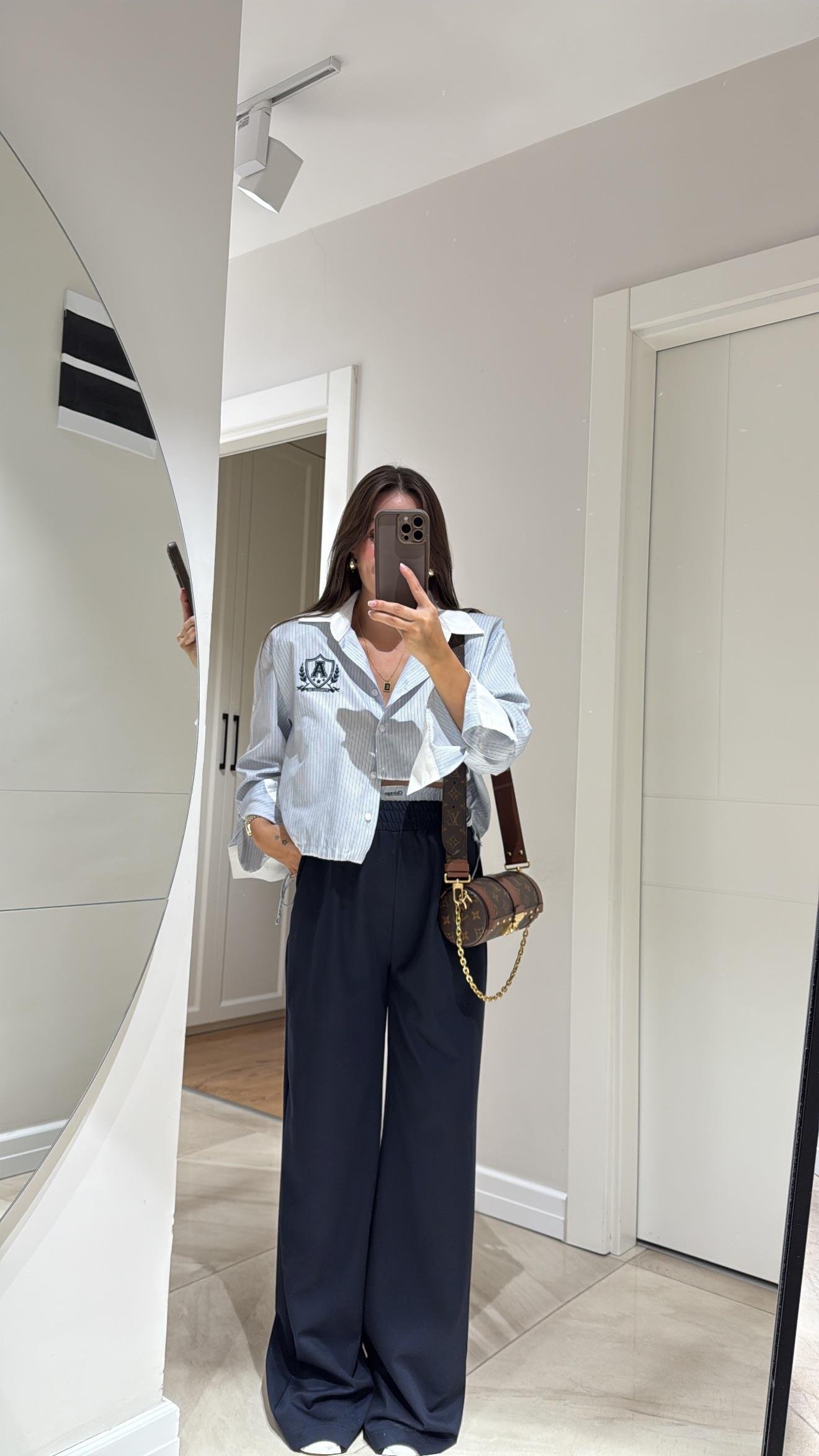 Lacivert Çift Bel Görünümlü Bol Paça Pantolon