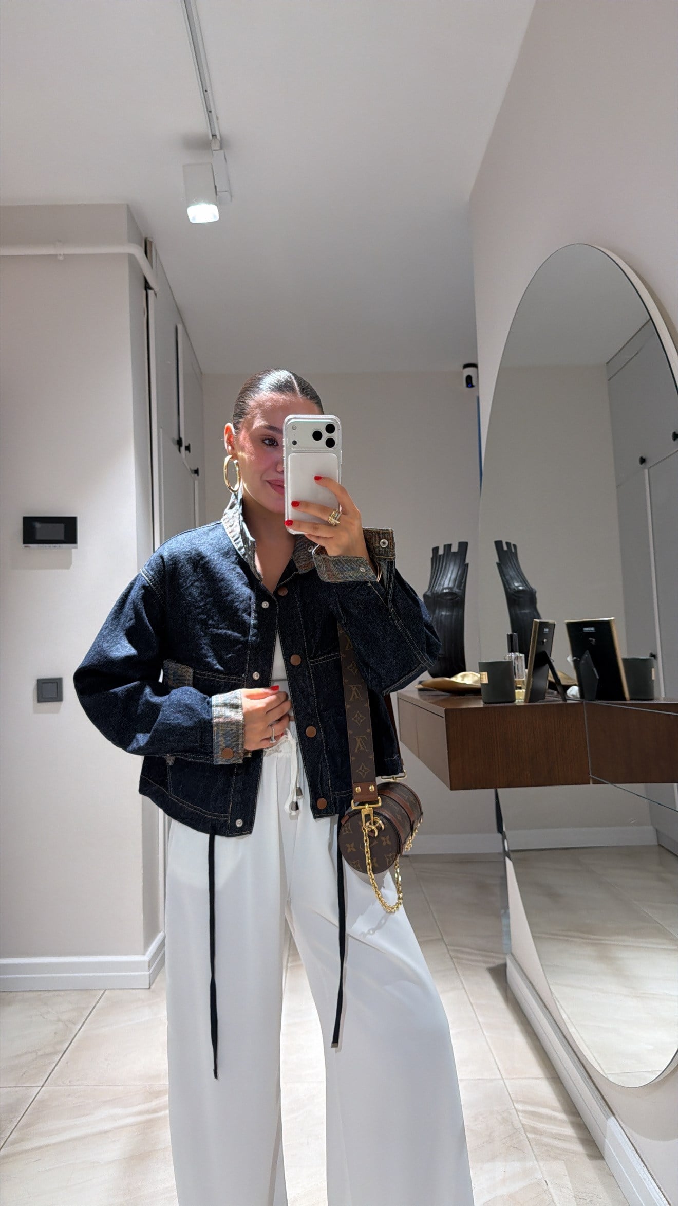 Lacivert Ekose Desenli Kahve Düğmeli Denim Ceket